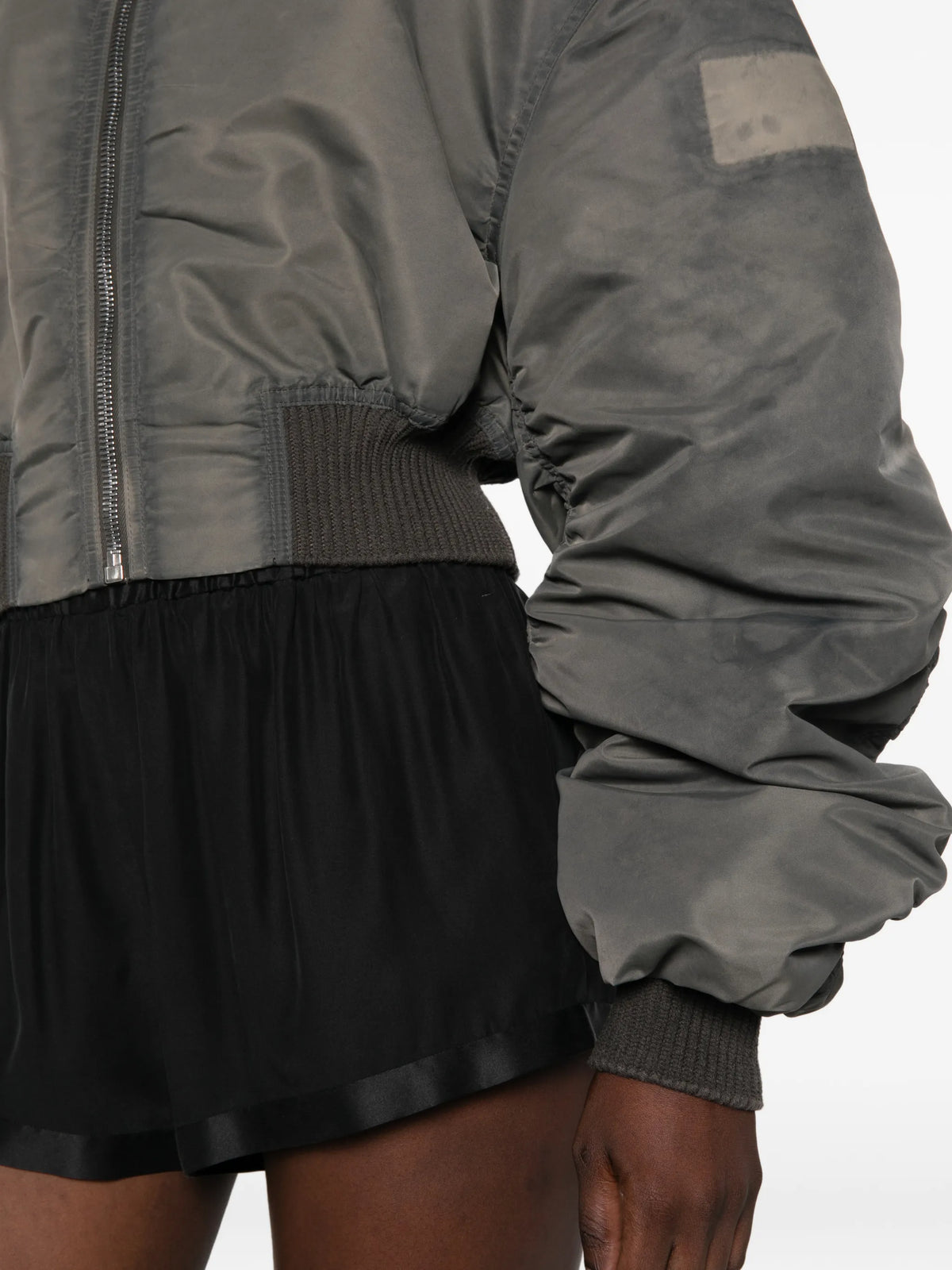 padded ruched-sleeve bomber jacket