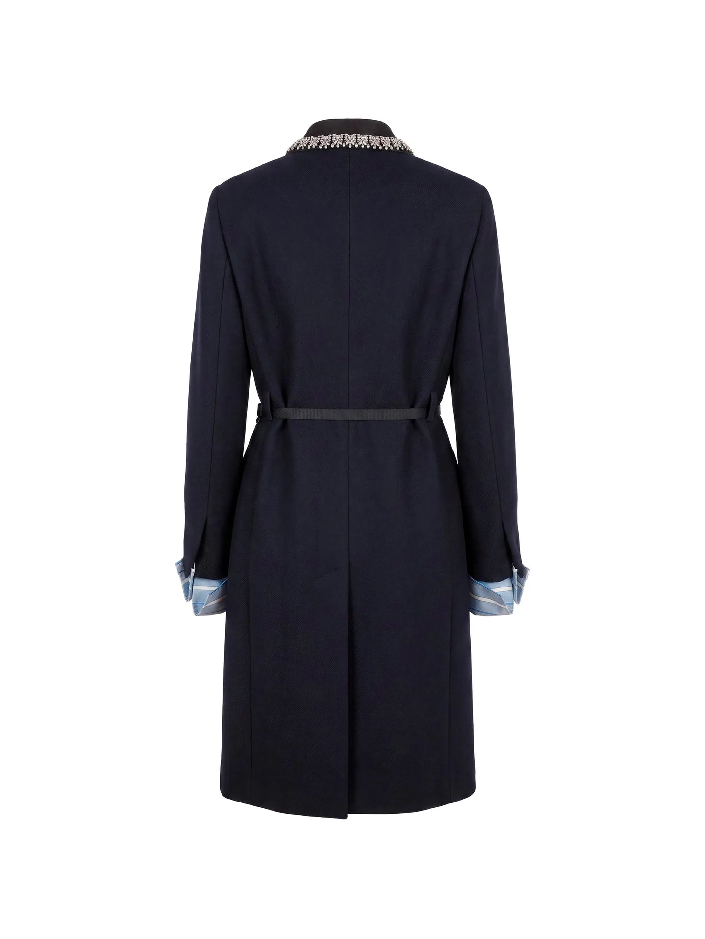 long wool coat with belt and jewel collar