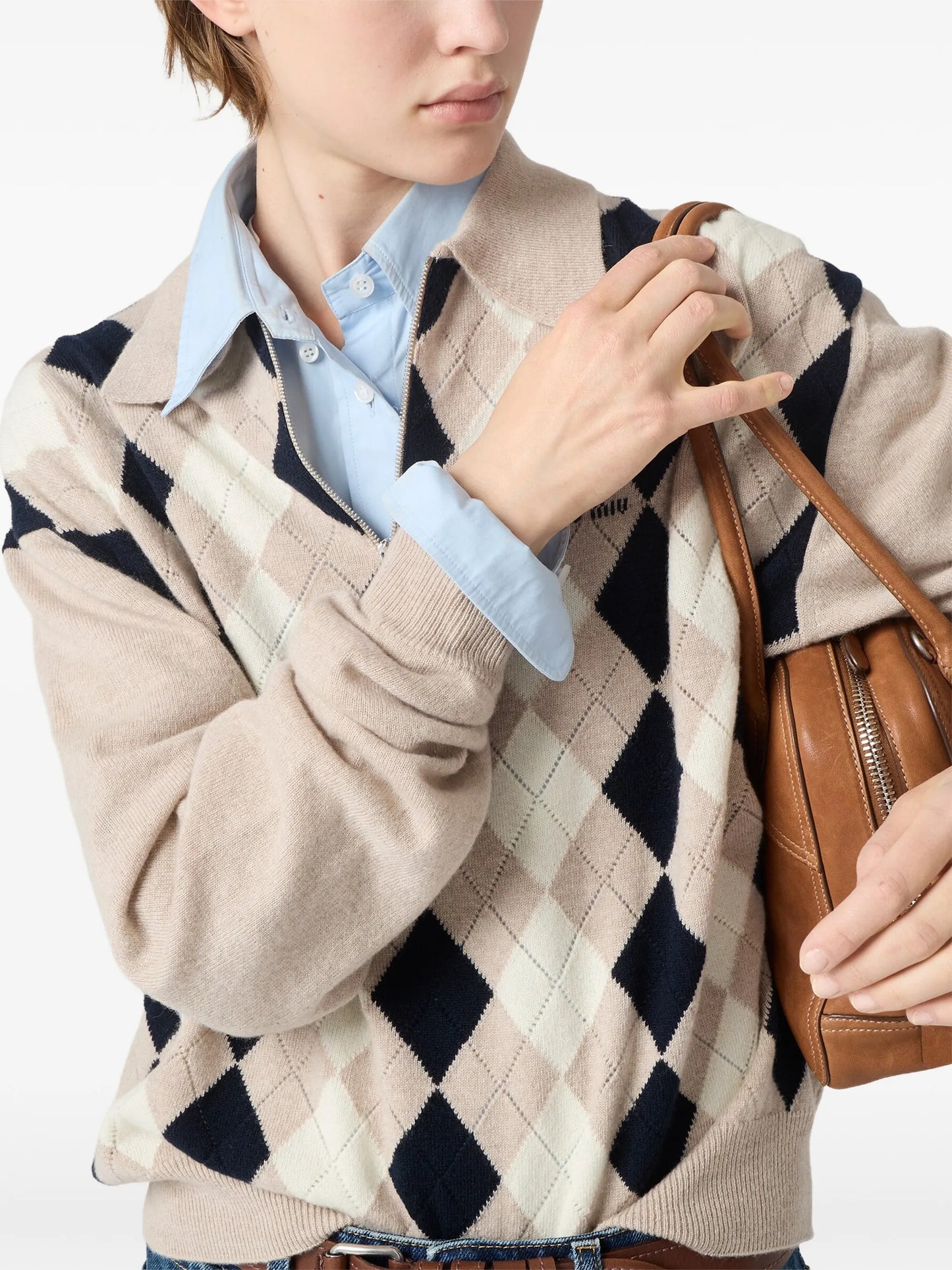 argyle-intarsia quarter-zip sweater