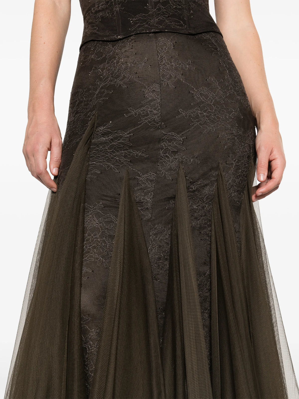 Zephyra maxi dress in chocolate brown fine lace