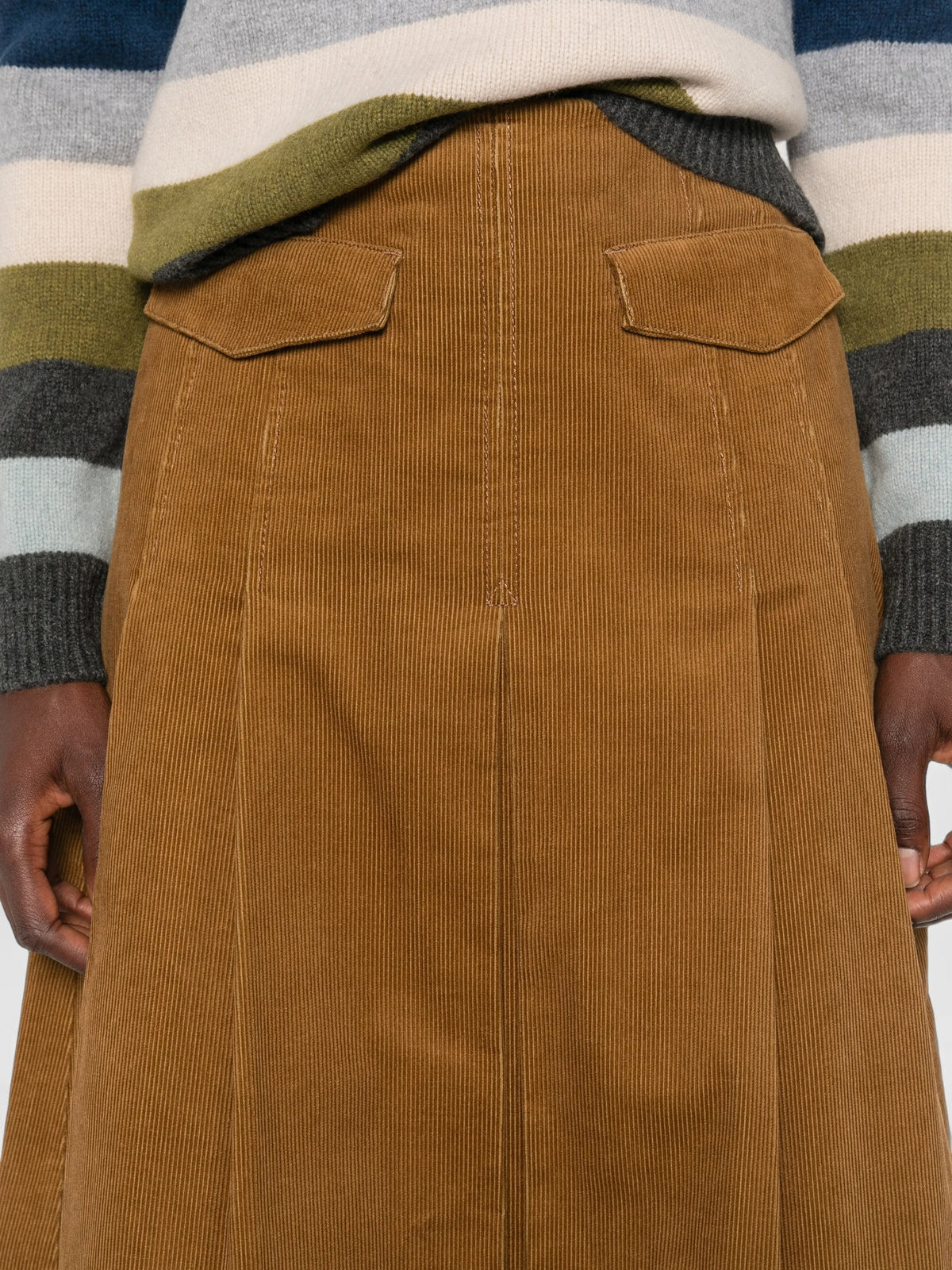 pleated corduroy midi skirt