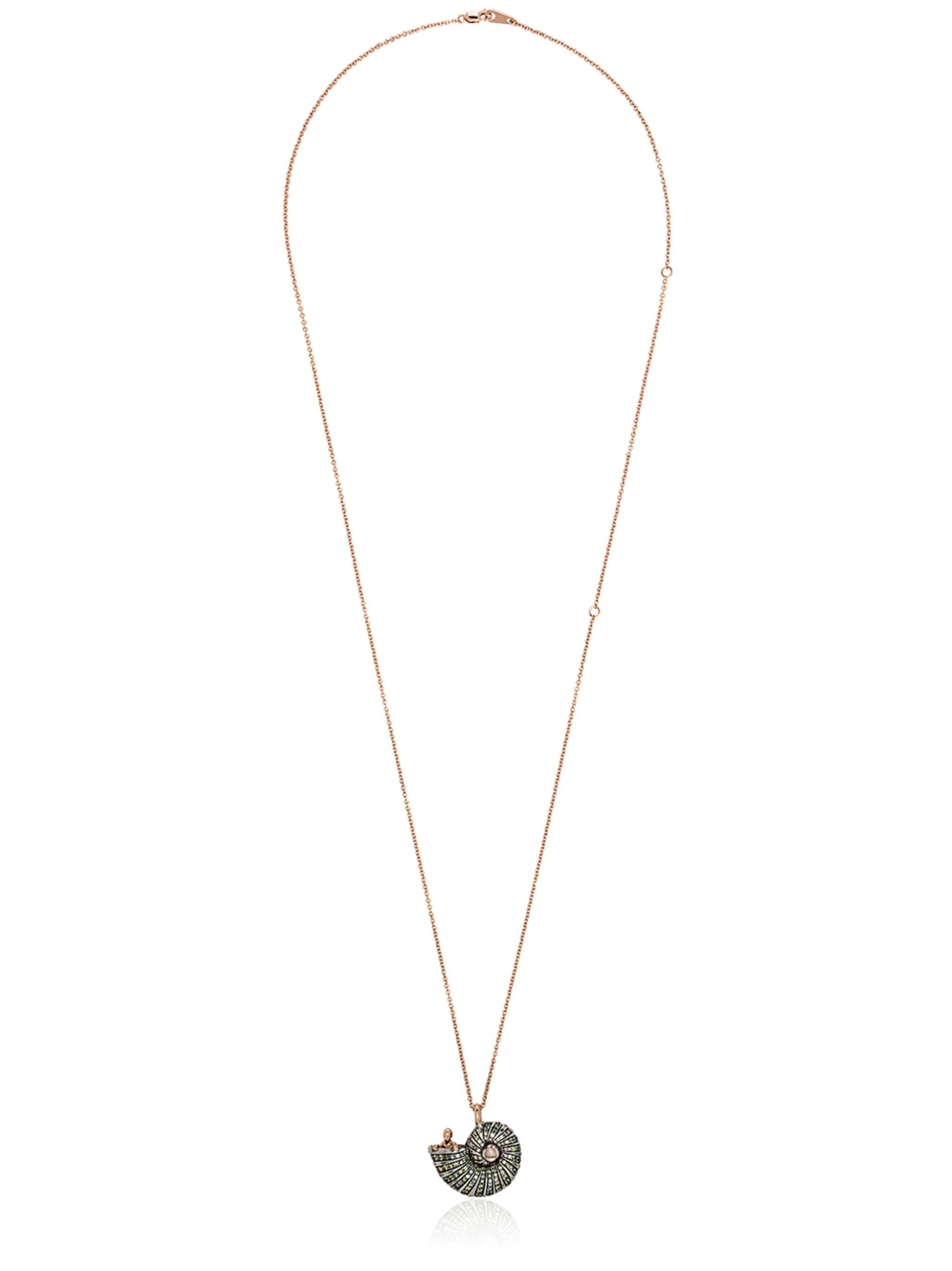 18kt rose gold diamond and sapphire shell pendant