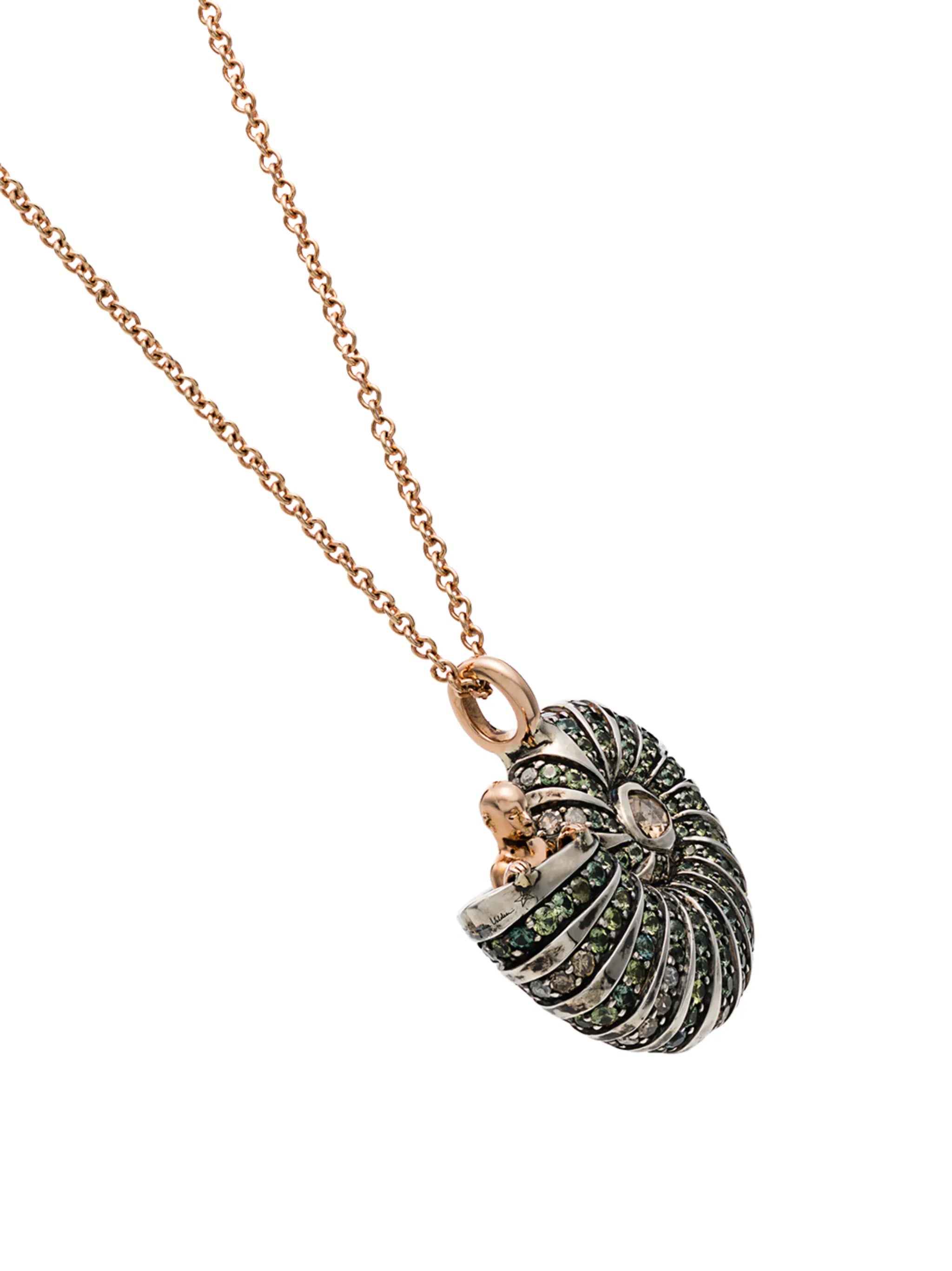 18kt rose gold diamond and sapphire shell pendant