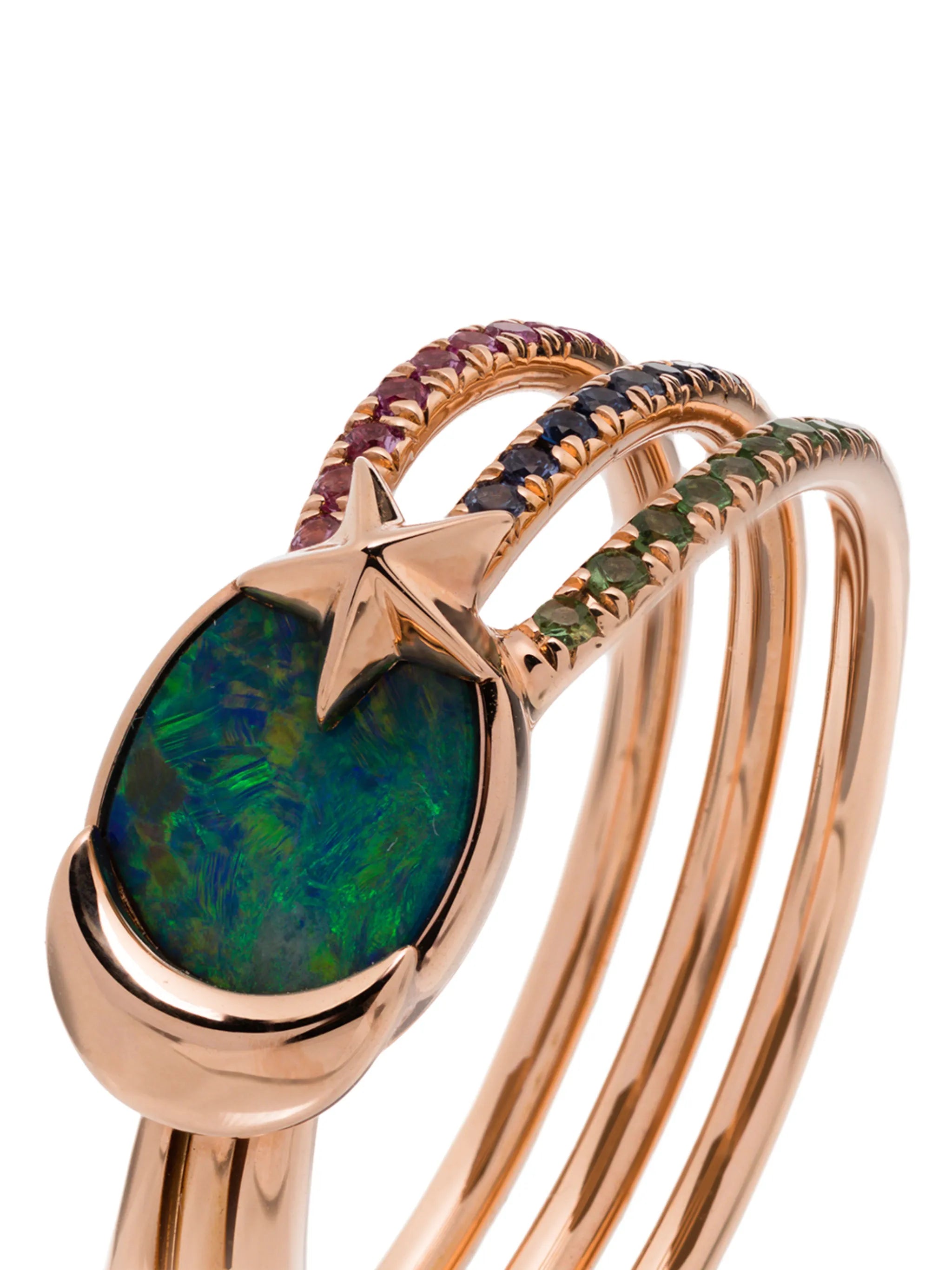 pink 18kt gold shooting star diamond and sapphire ring