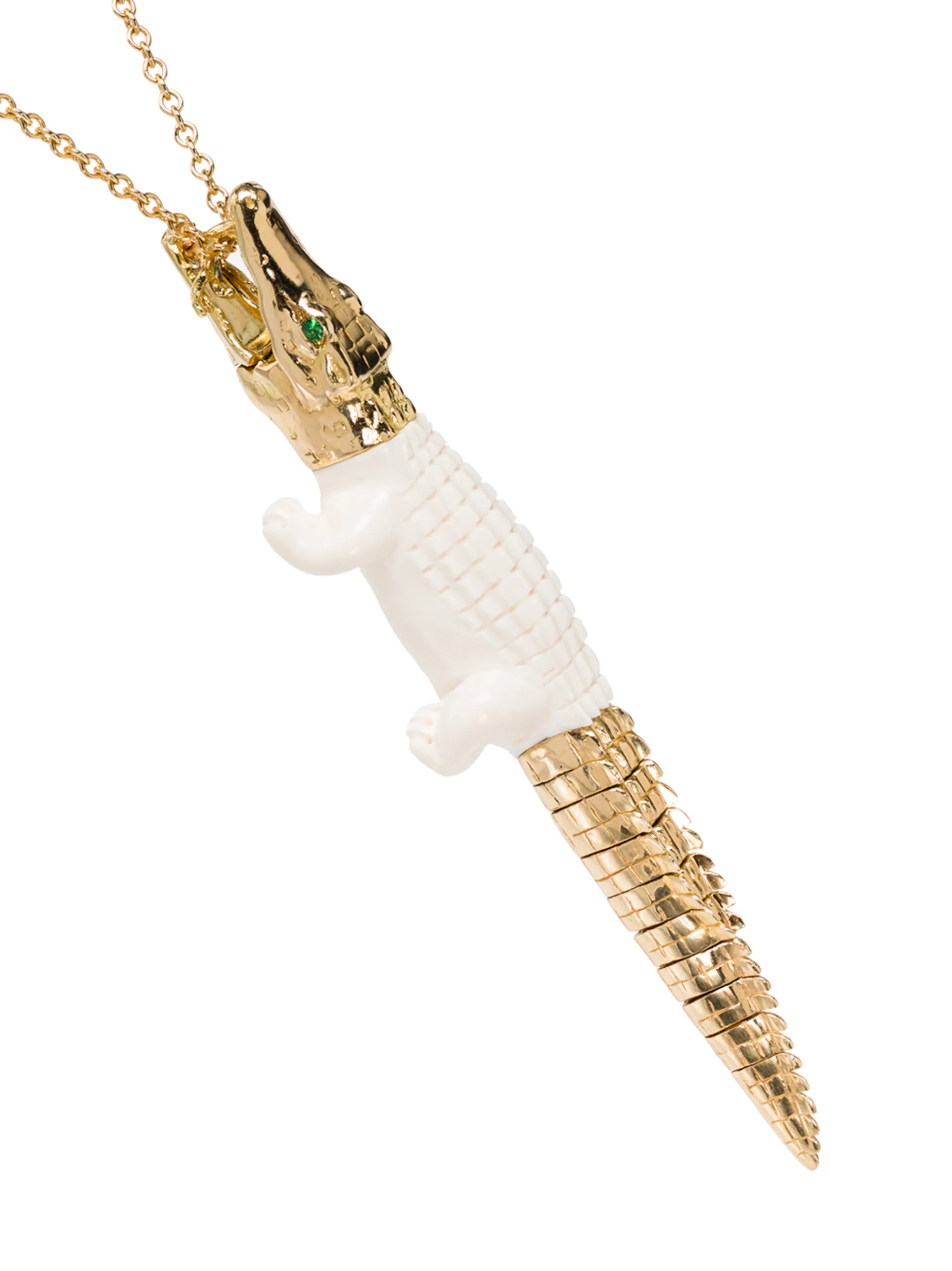 18kt gold and fossilised woolly mammoth crocodile pendant necklace