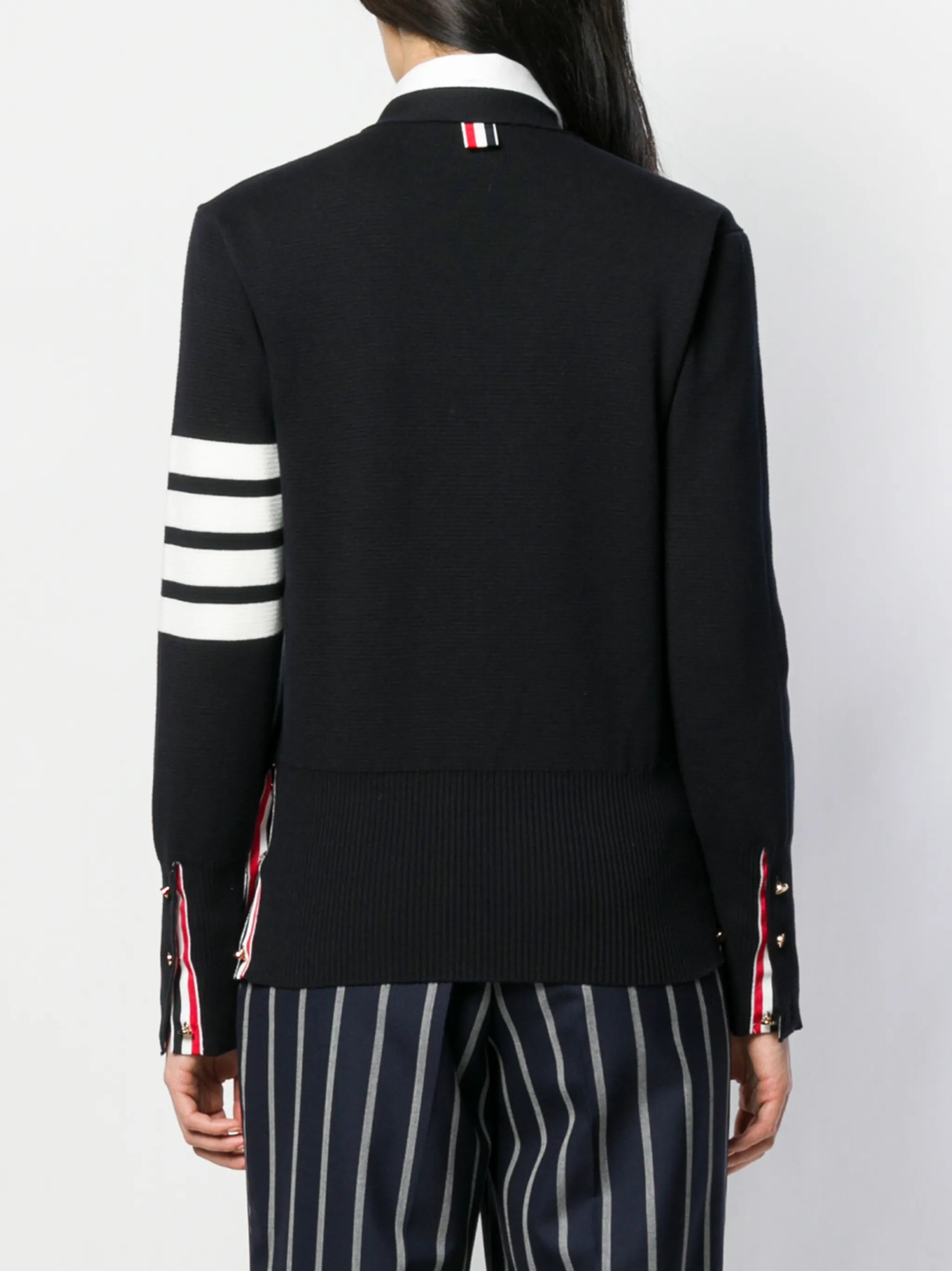 V-neck four-bar-stripe cardigan