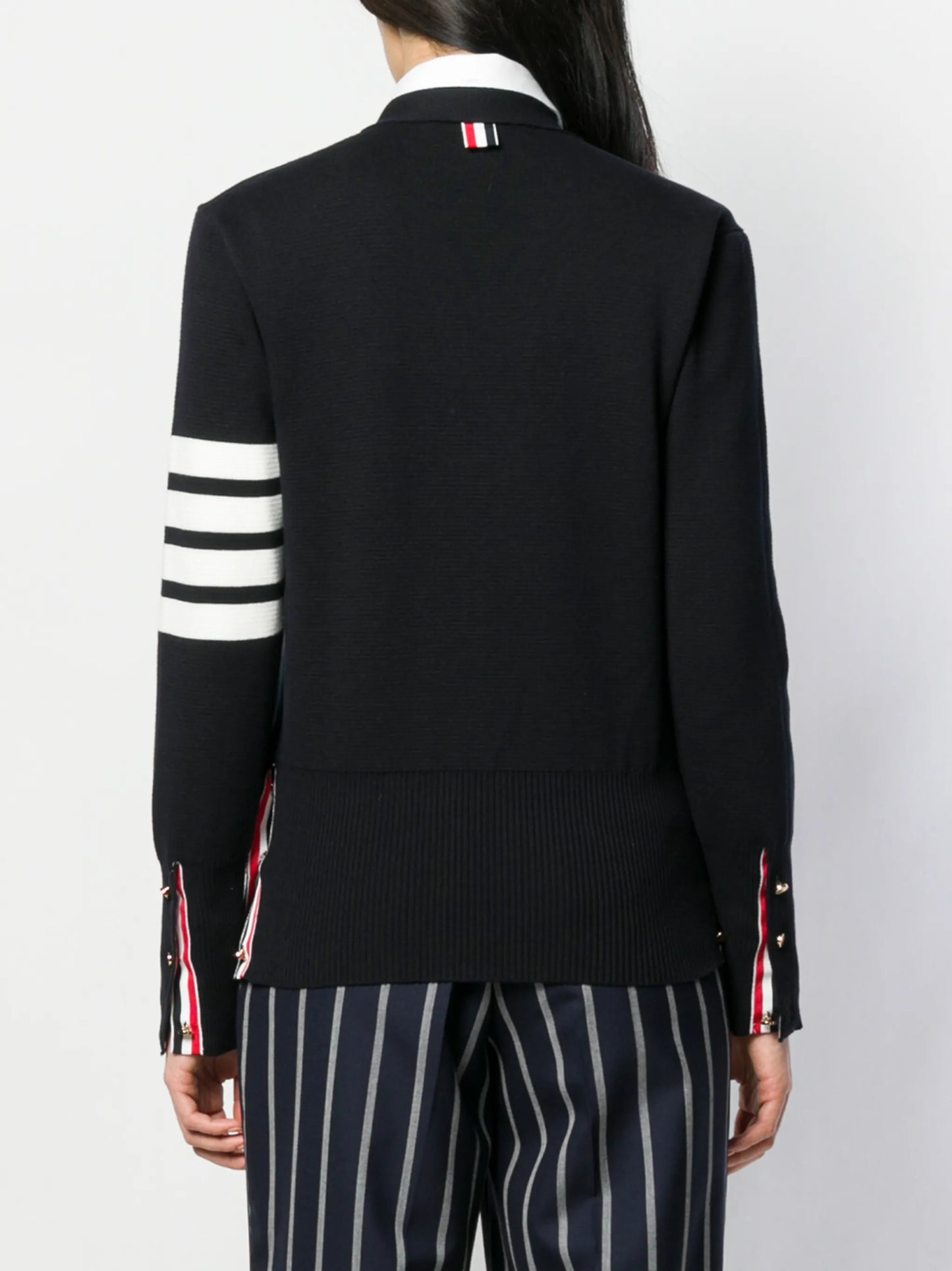 V-neck four-bar-stripe cardigan