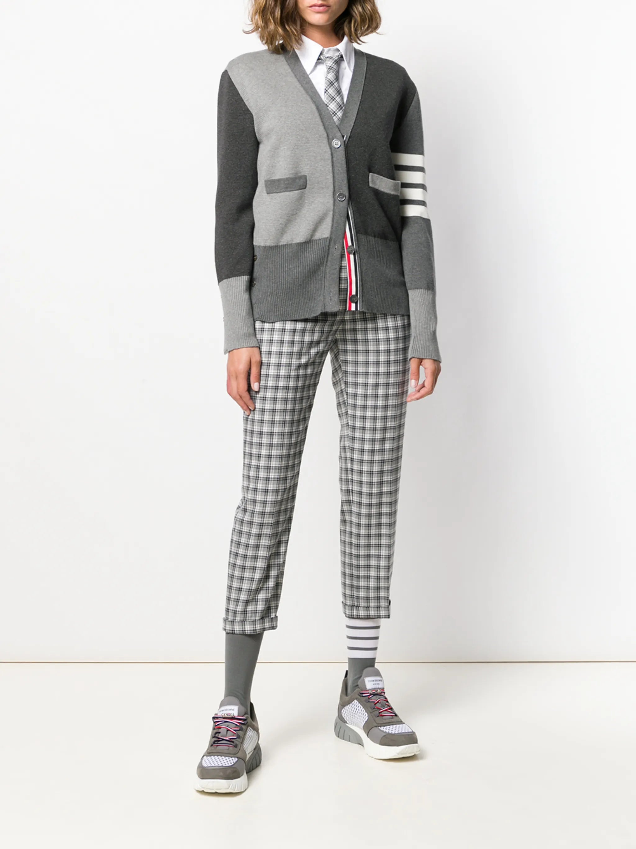 Funmix crepe 4-Bar v-neck cardigan