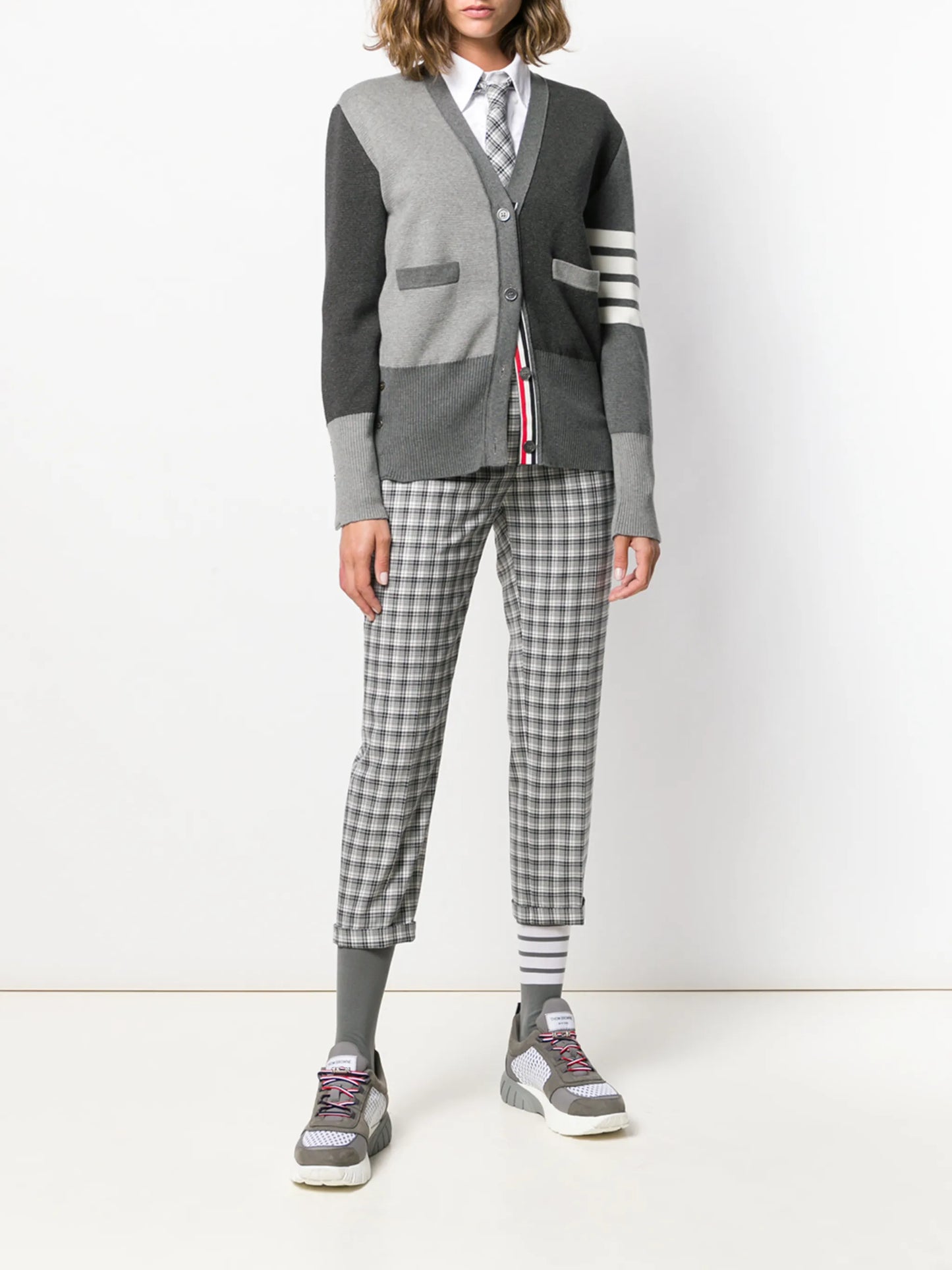 Funmix crepe 4-Bar v-neck cardigan