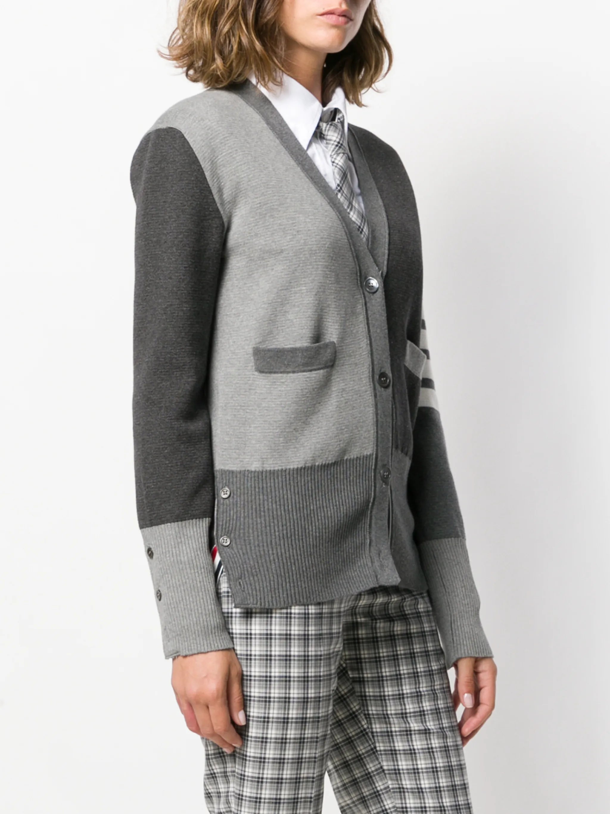 Funmix crepe 4-Bar v-neck cardigan