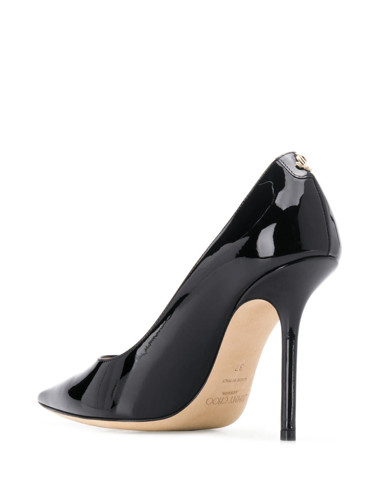 Love 100 black patent-leather pointed-toe pumps with JC emblem