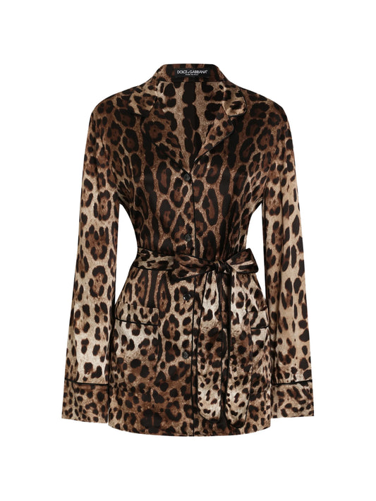 leopard-print belted pajama shirt