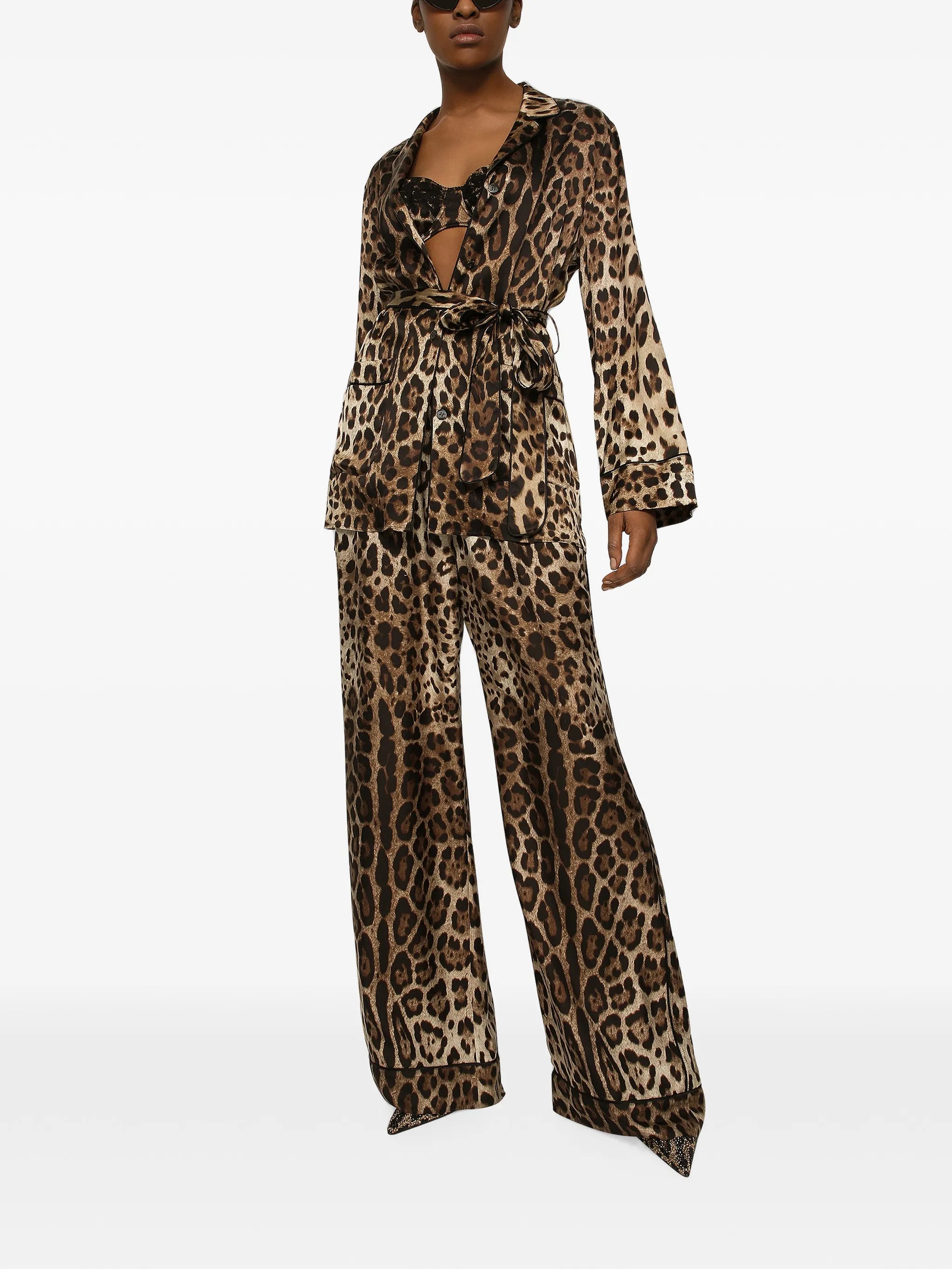leopard-print belted pajama shirt