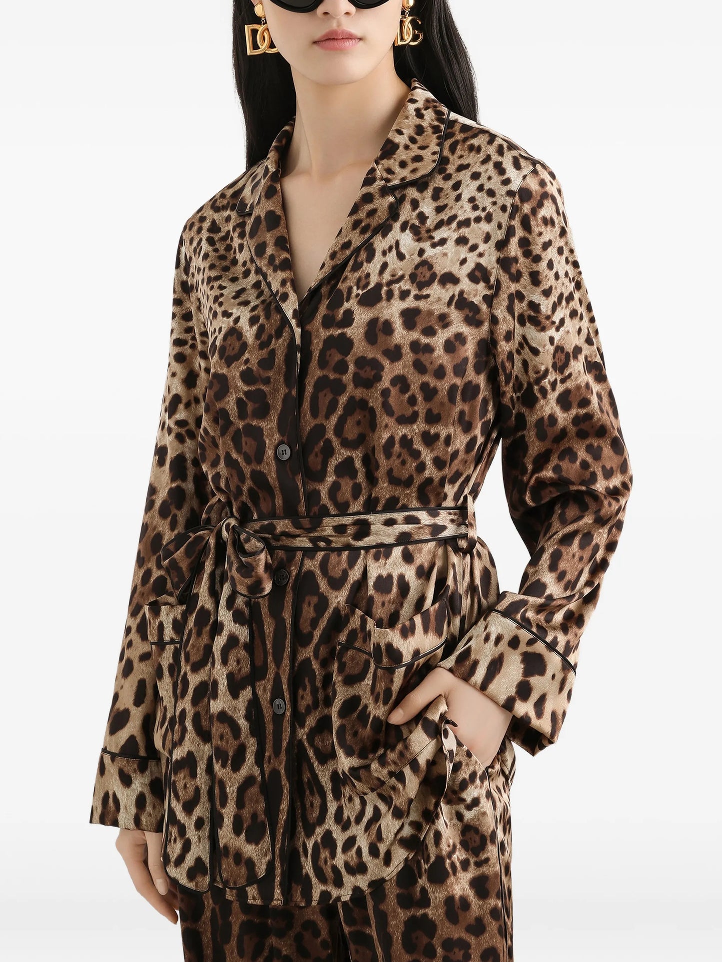 leopard-print belted pajama shirt