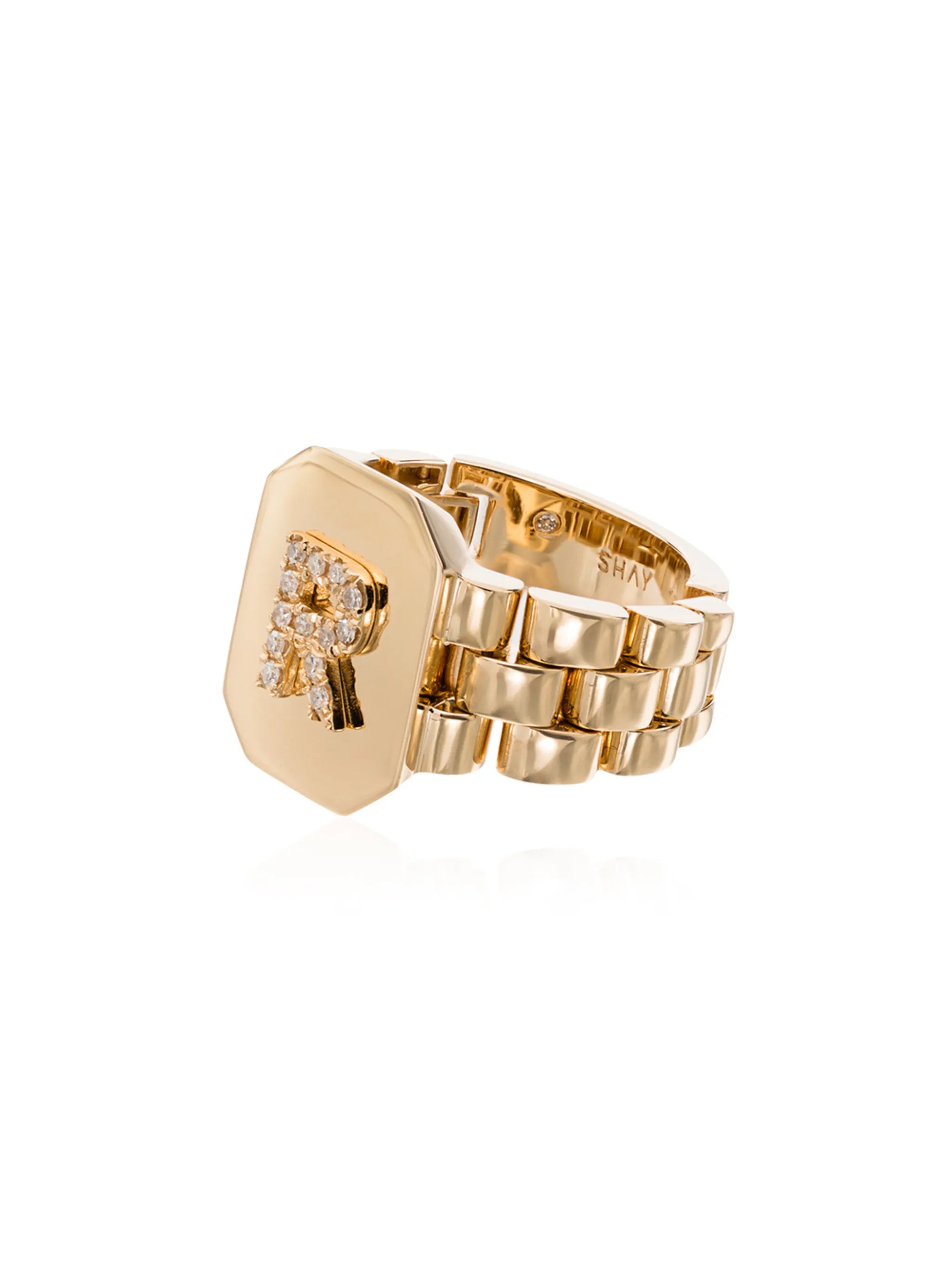 18K yellow gold diamond initial R ring