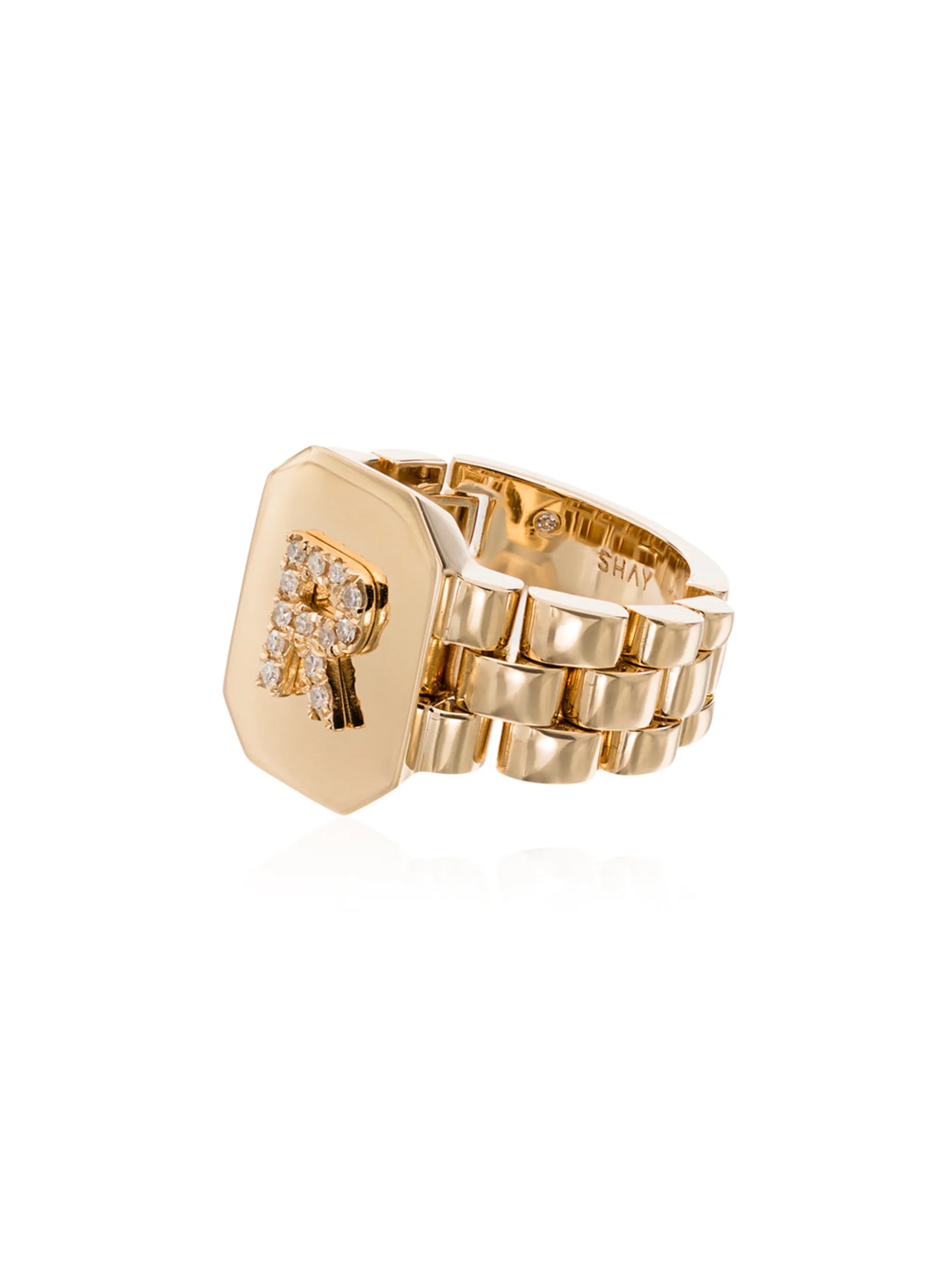 18K yellow gold diamond initial R ring