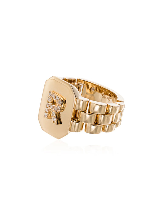 18K yellow gold diamond initial R ring