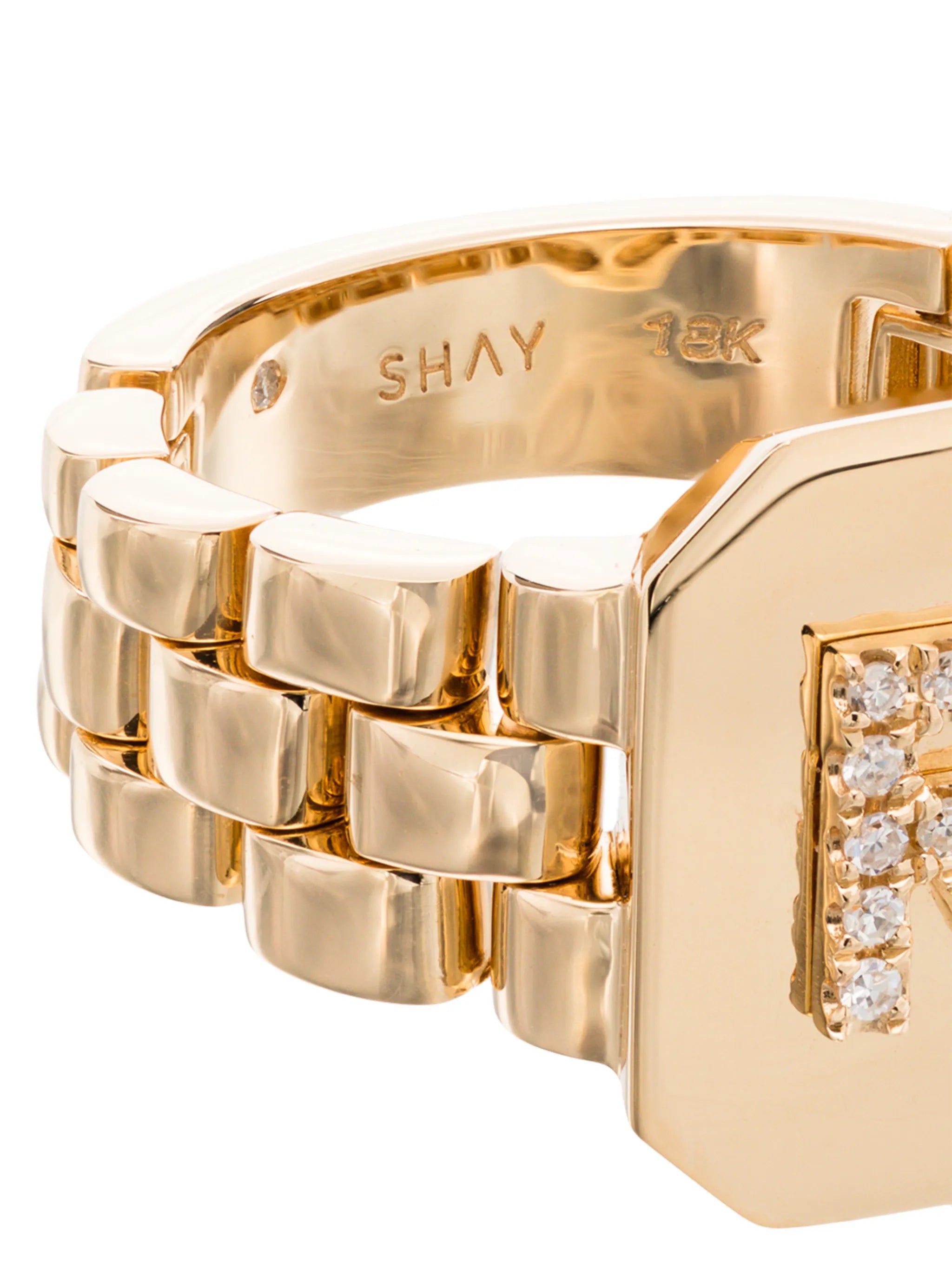 18K yellow gold diamond initial R ring
