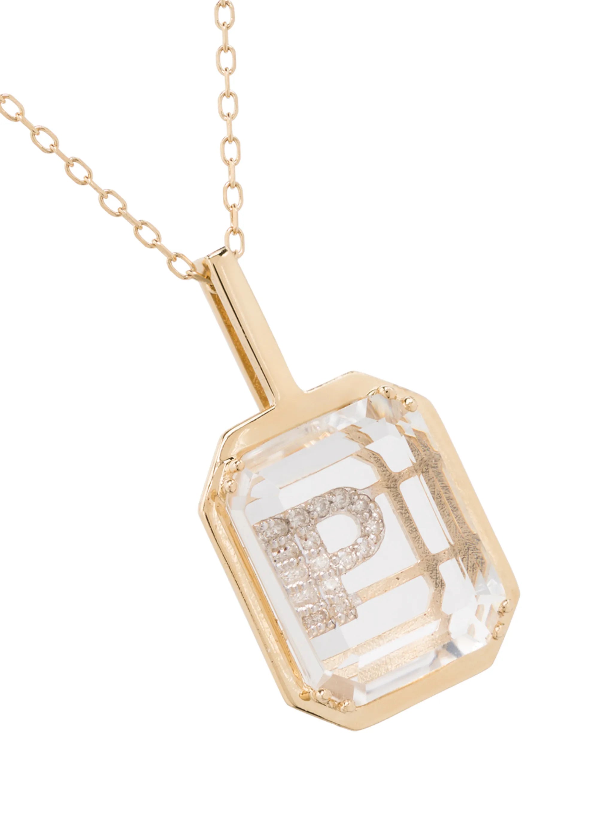 14kt yellow gold crystal frame P initial diamond necklace
