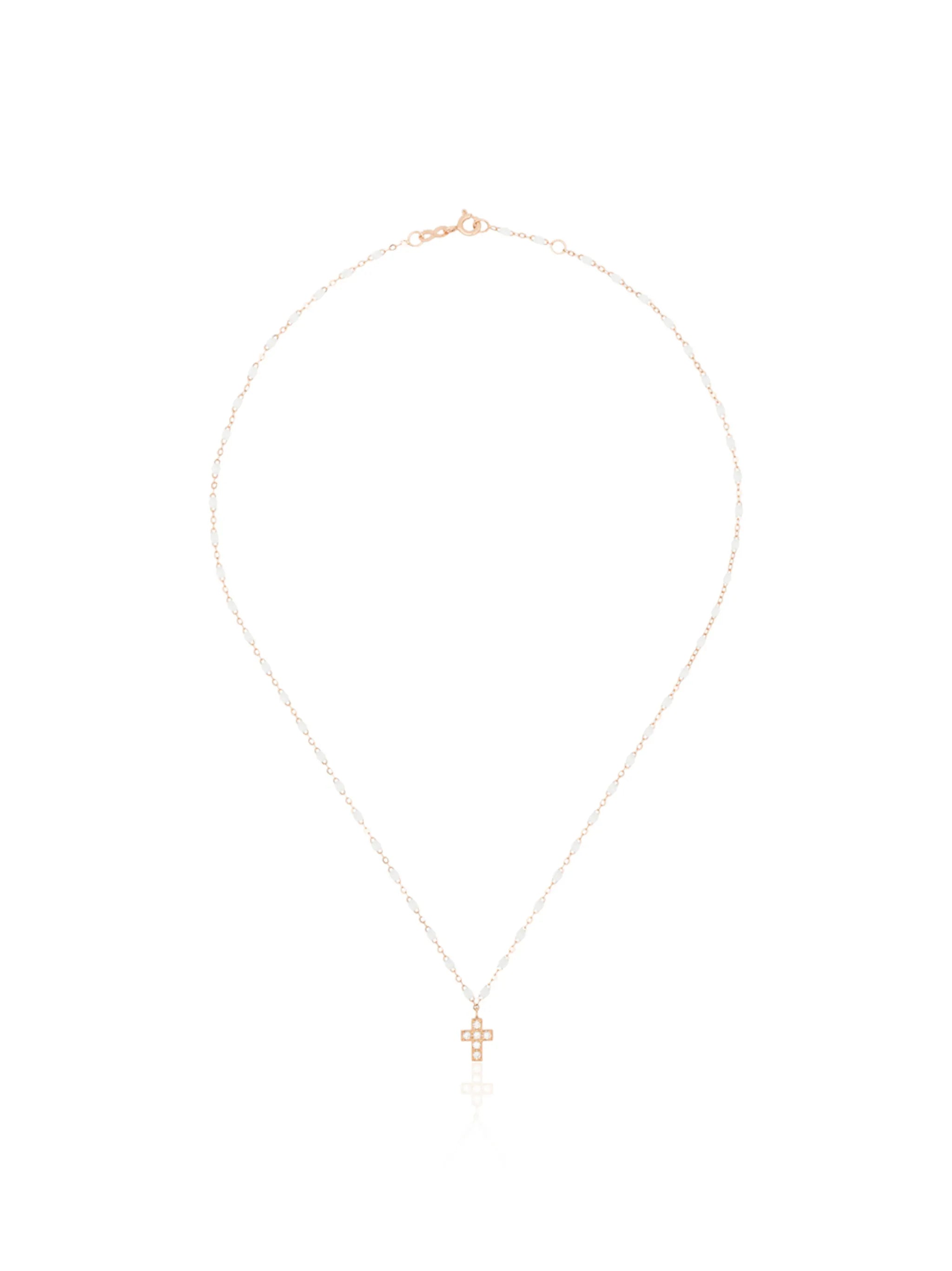 18kt rose gold and white beaded diamond cross necklace