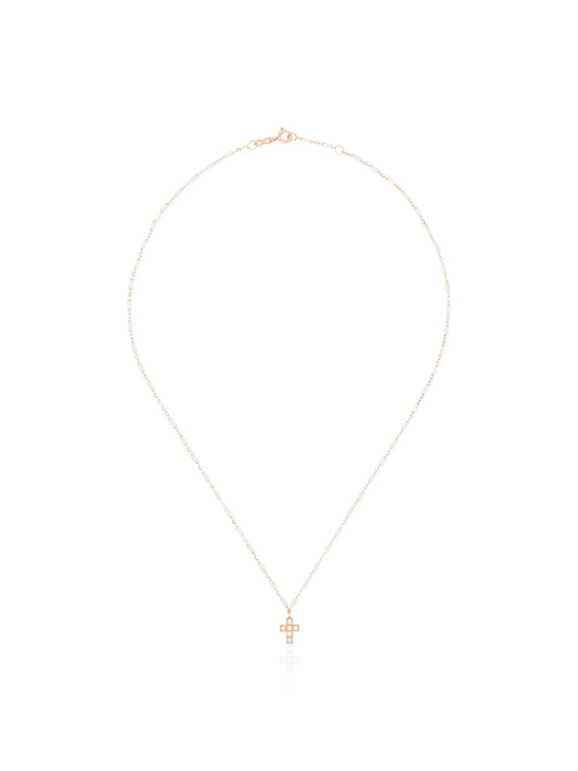 18kt rose gold and white beaded diamond cross necklace