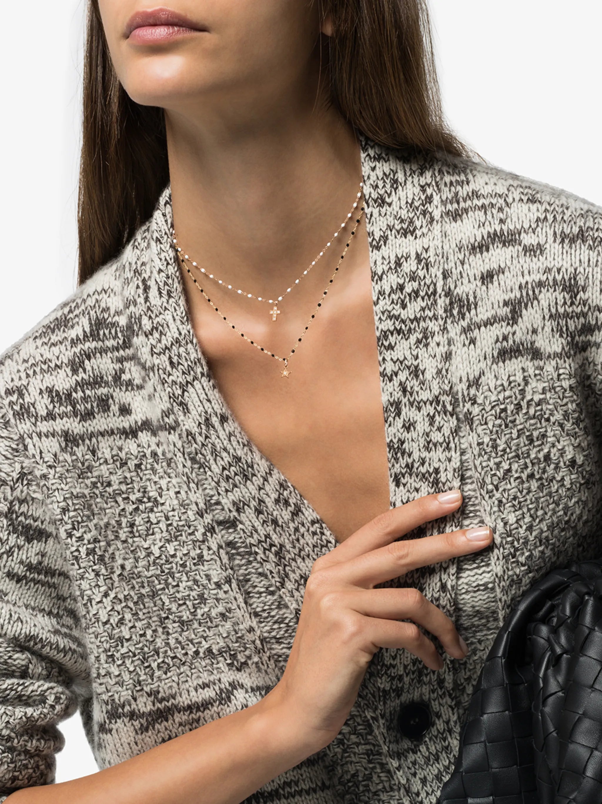 18kt rose gold and white beaded diamond cross necklace