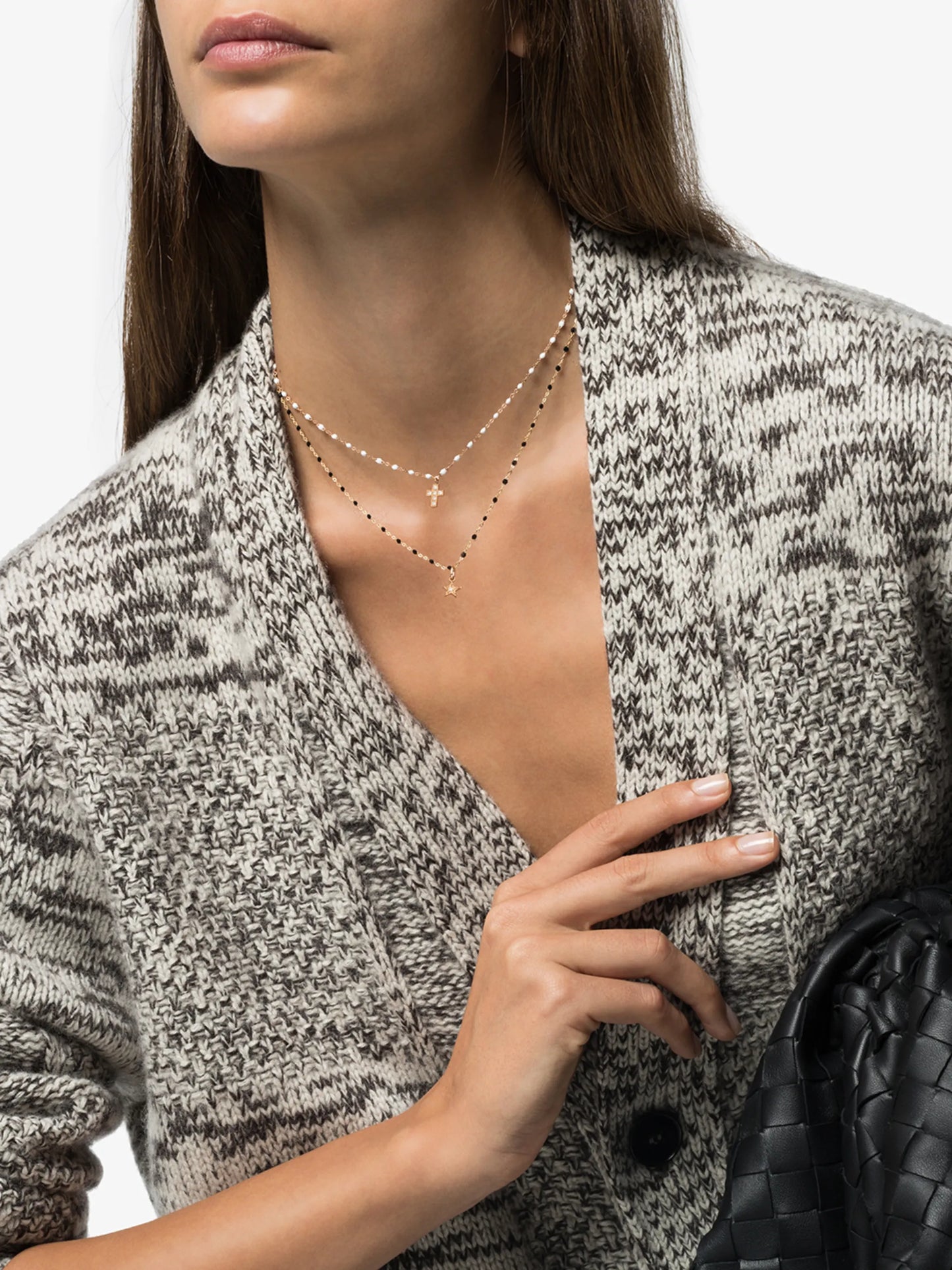 18kt rose gold and white beaded diamond cross necklace