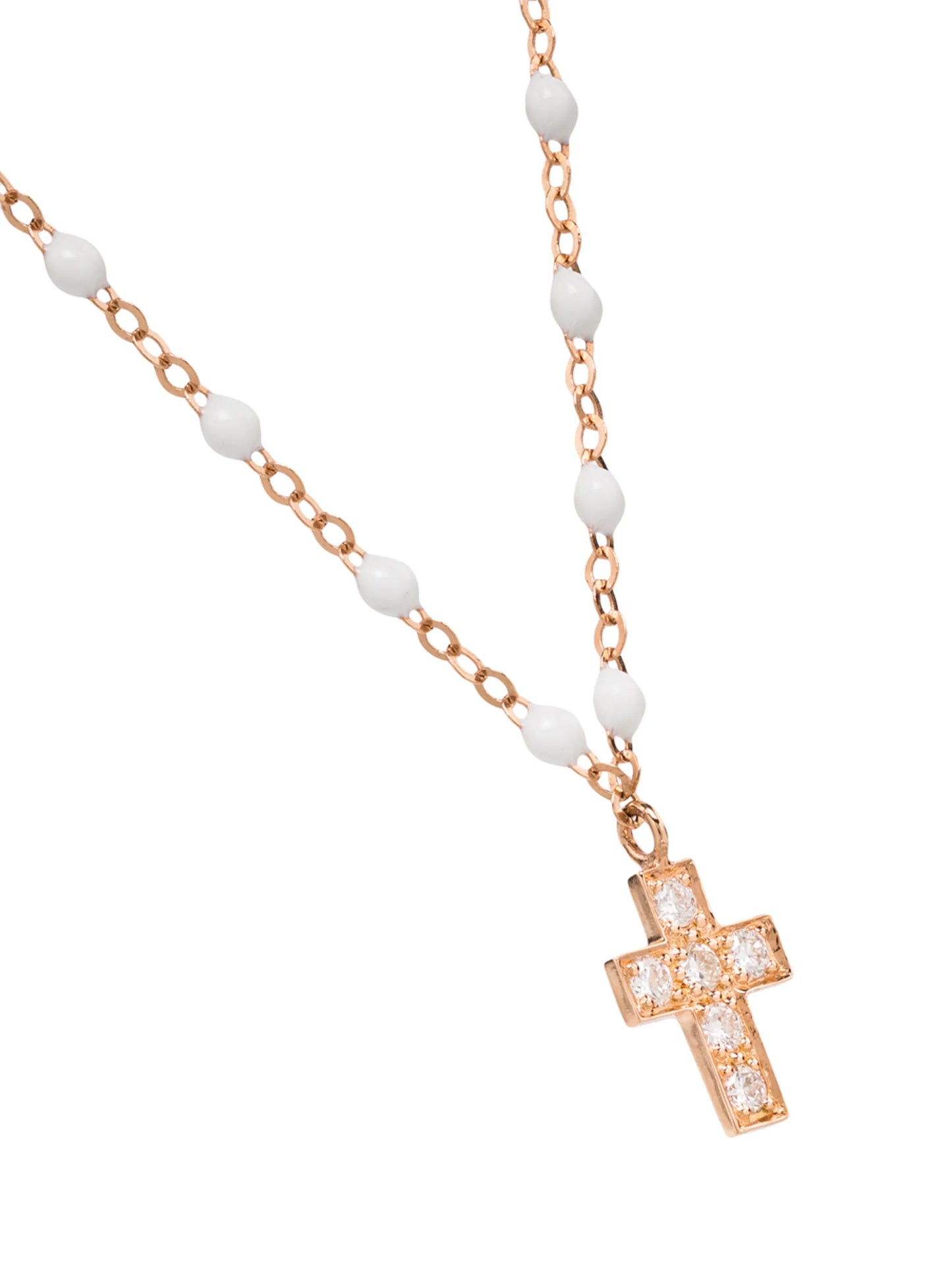18kt rose gold and white beaded diamond cross necklace