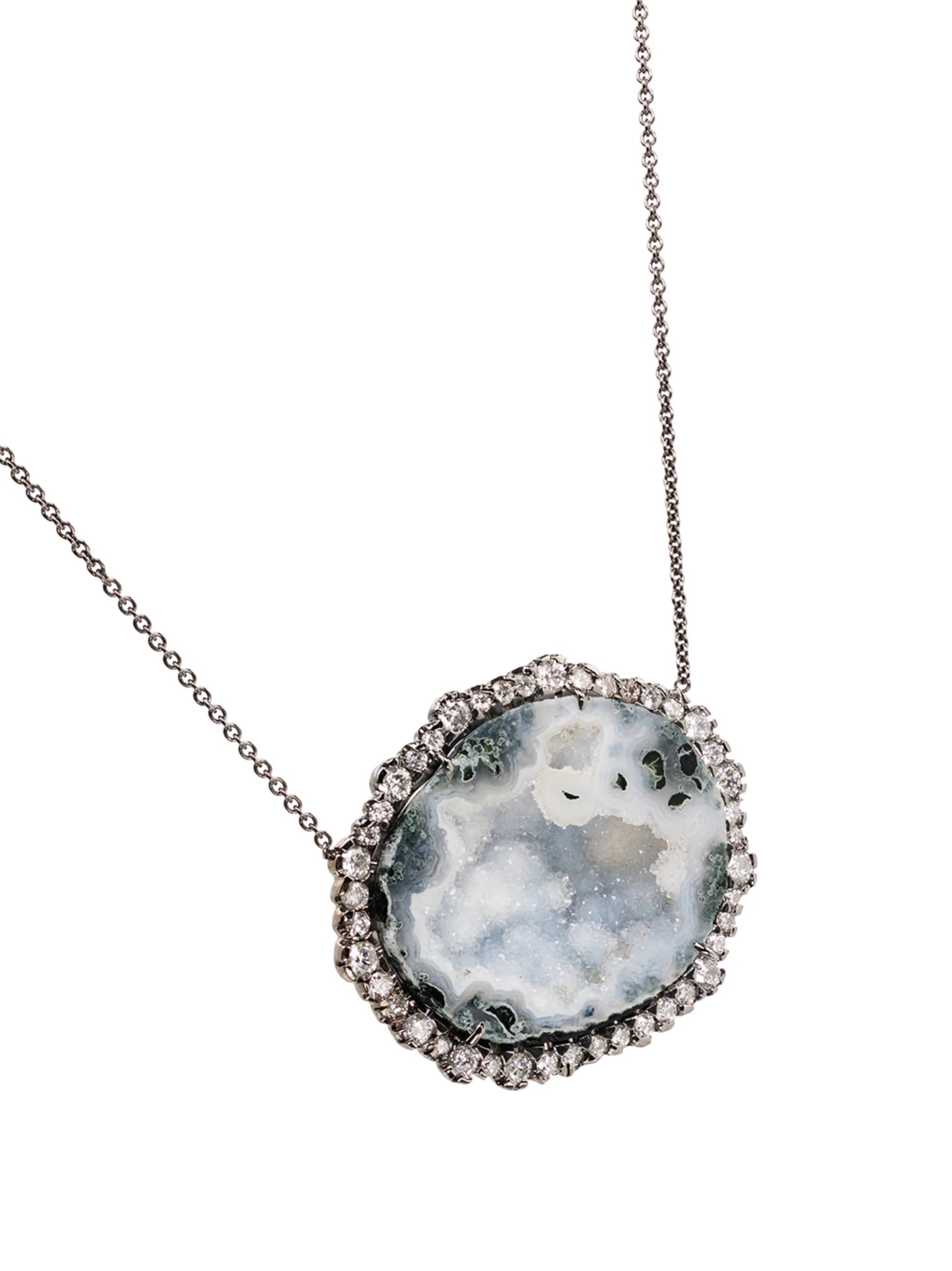 18kt white gold diamond framed geode necklace