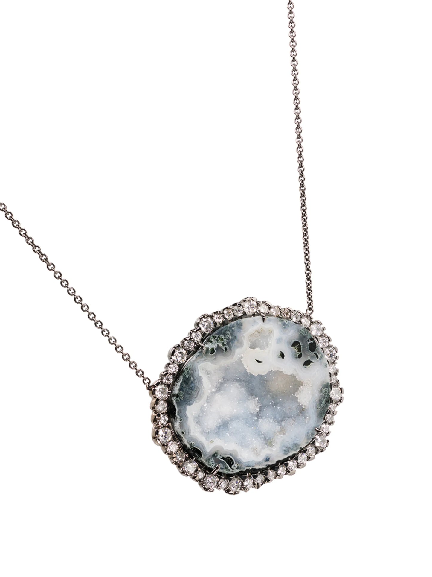 18kt white gold diamond framed geode necklace