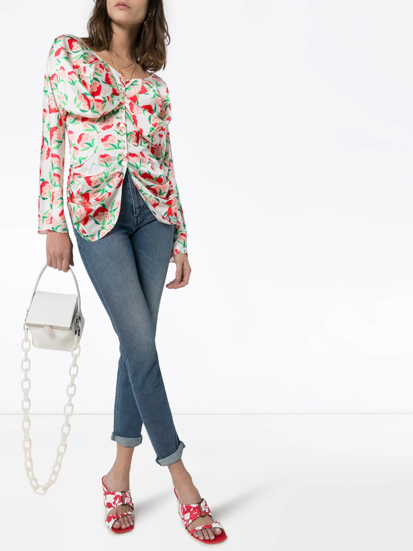 peach print ruched blouse