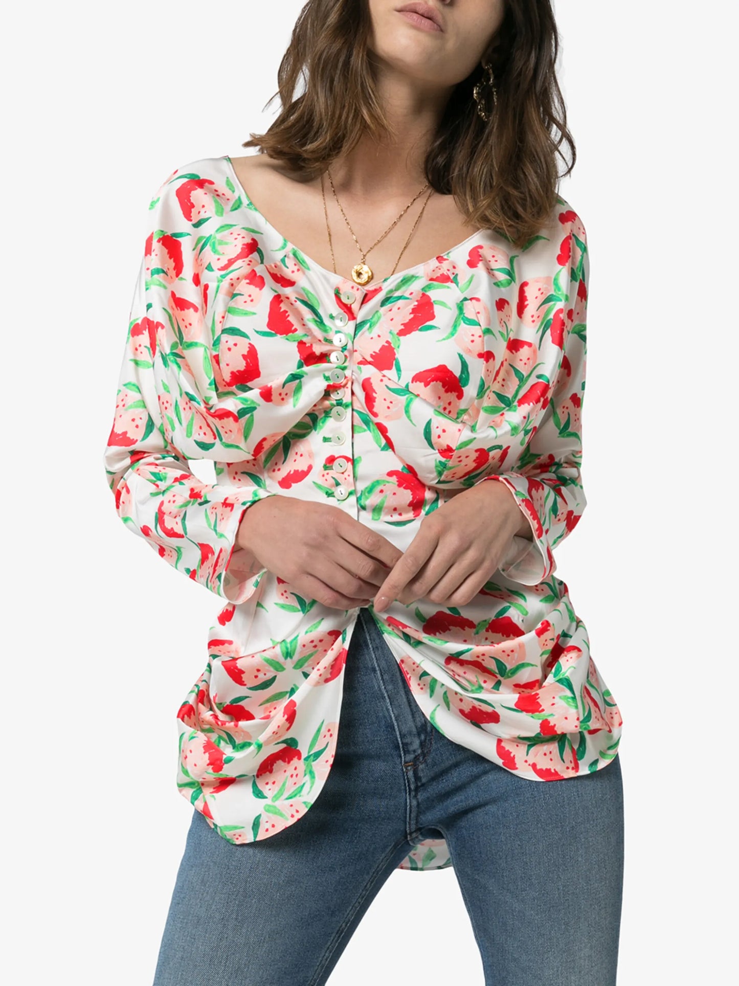 peach print ruched blouse