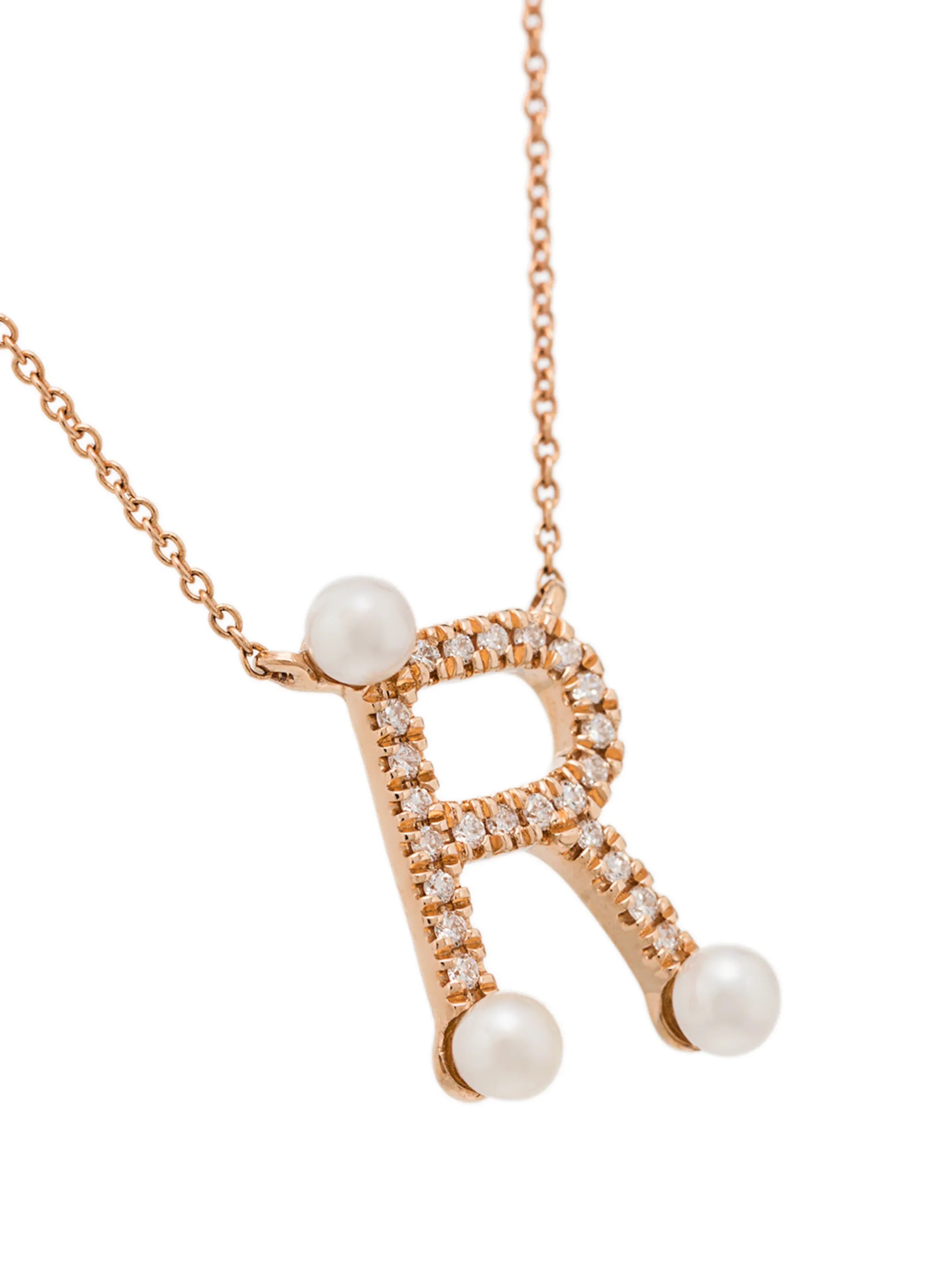 R initial diamond pearl necklace