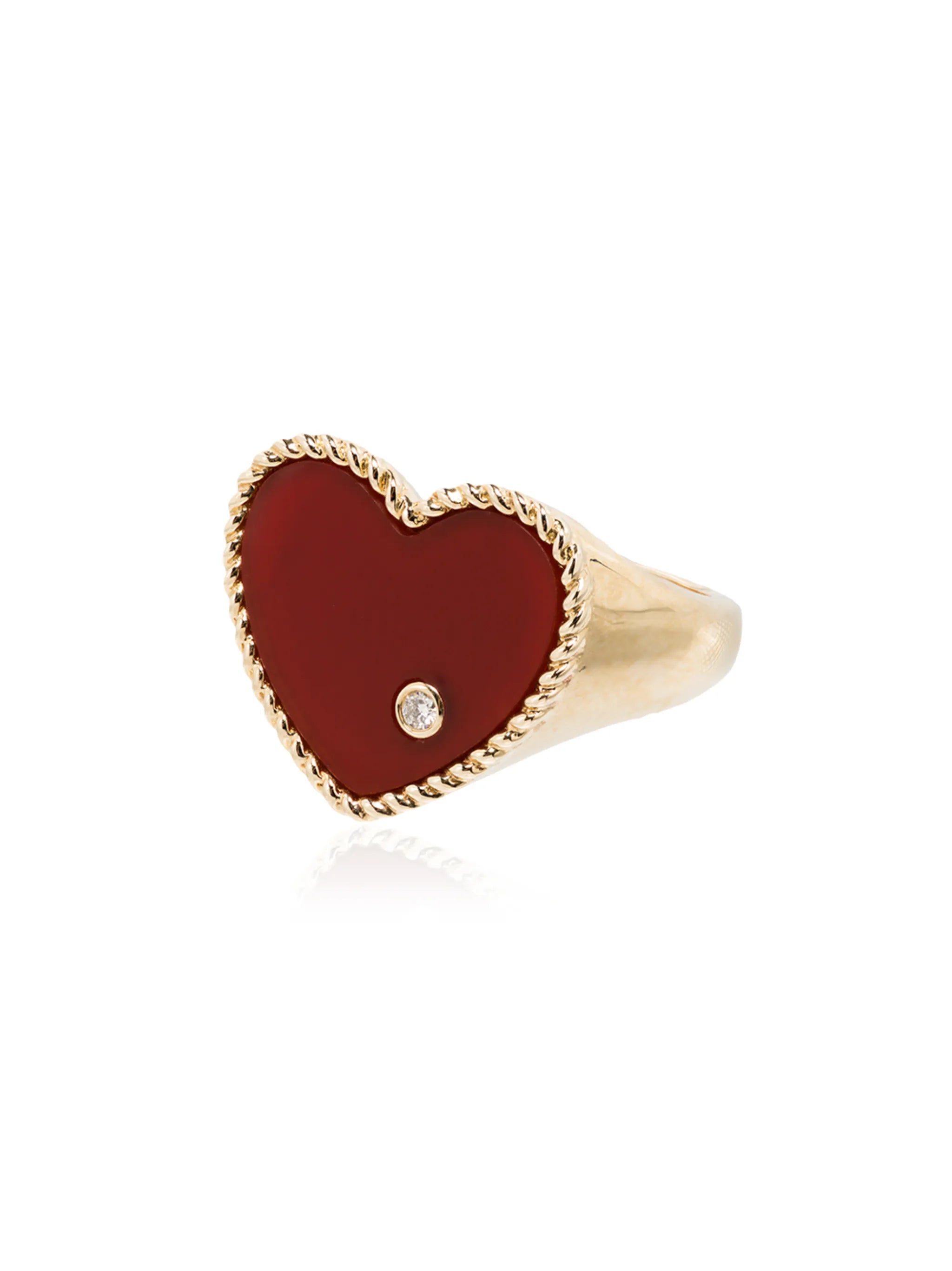red agate heart signet ring in yellow gold