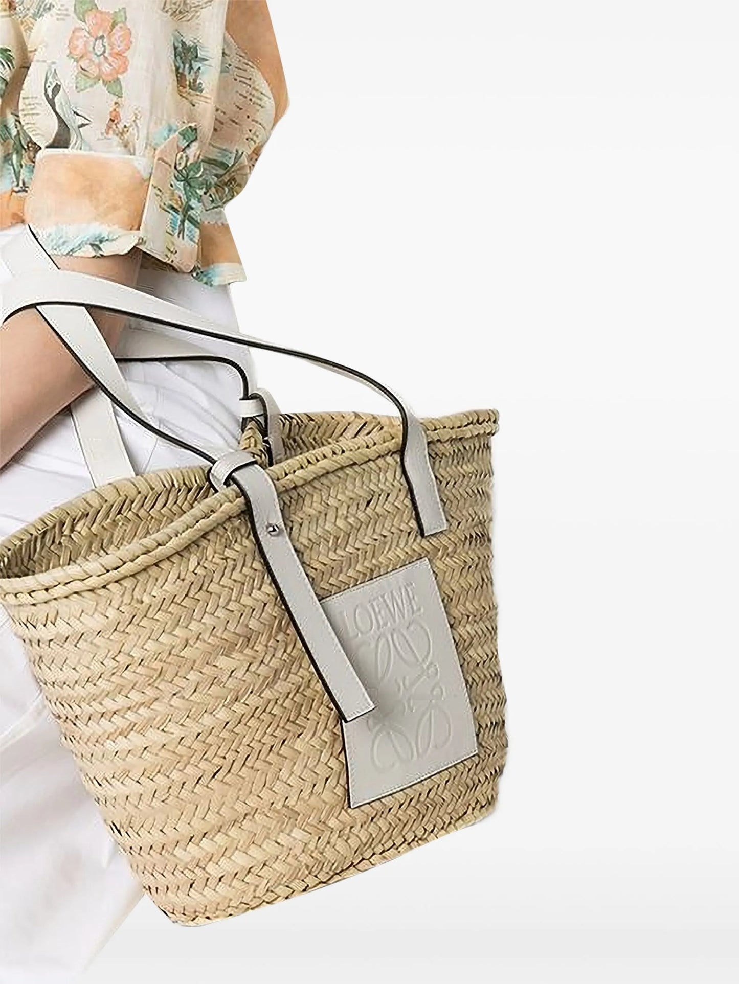 leather-trimmed raffia tote bag