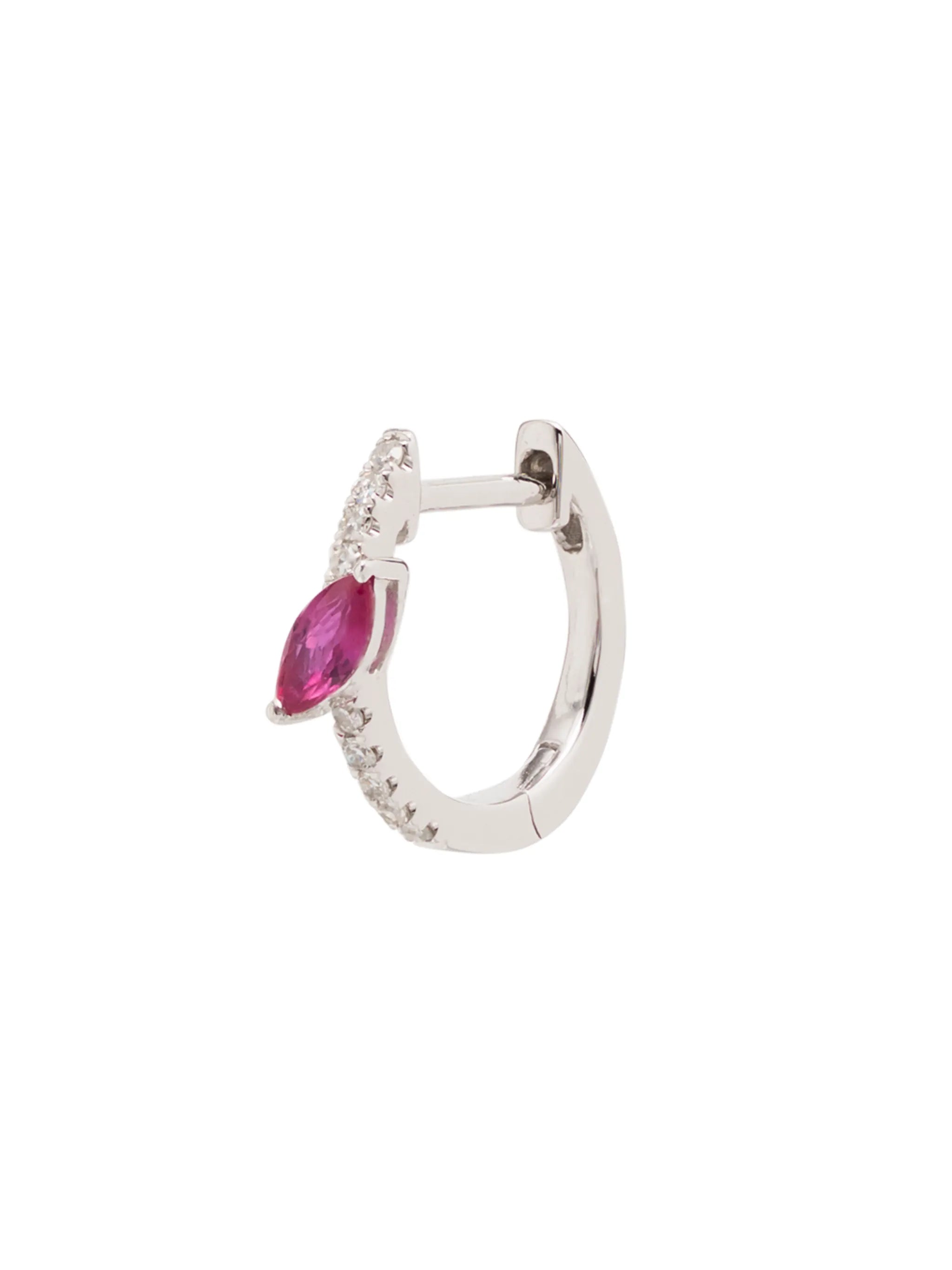 14kt white gold diamond and pink sapphire marquise hoop earring