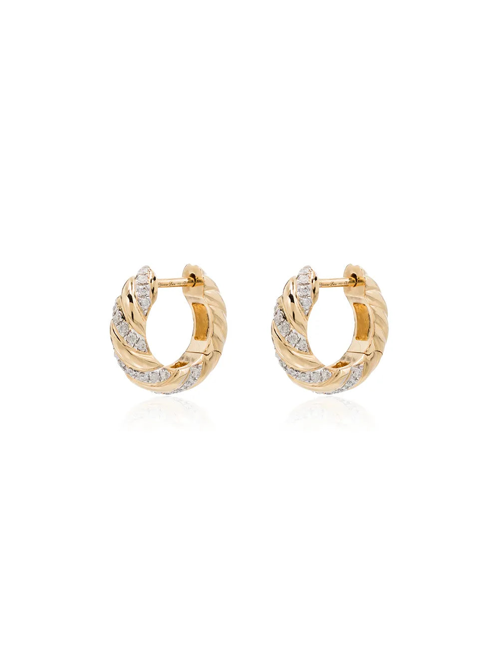 pair of twisted diamond hoop earrings in yellow gold