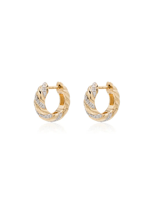 pair of twisted diamond hoop earrings in yellow gold