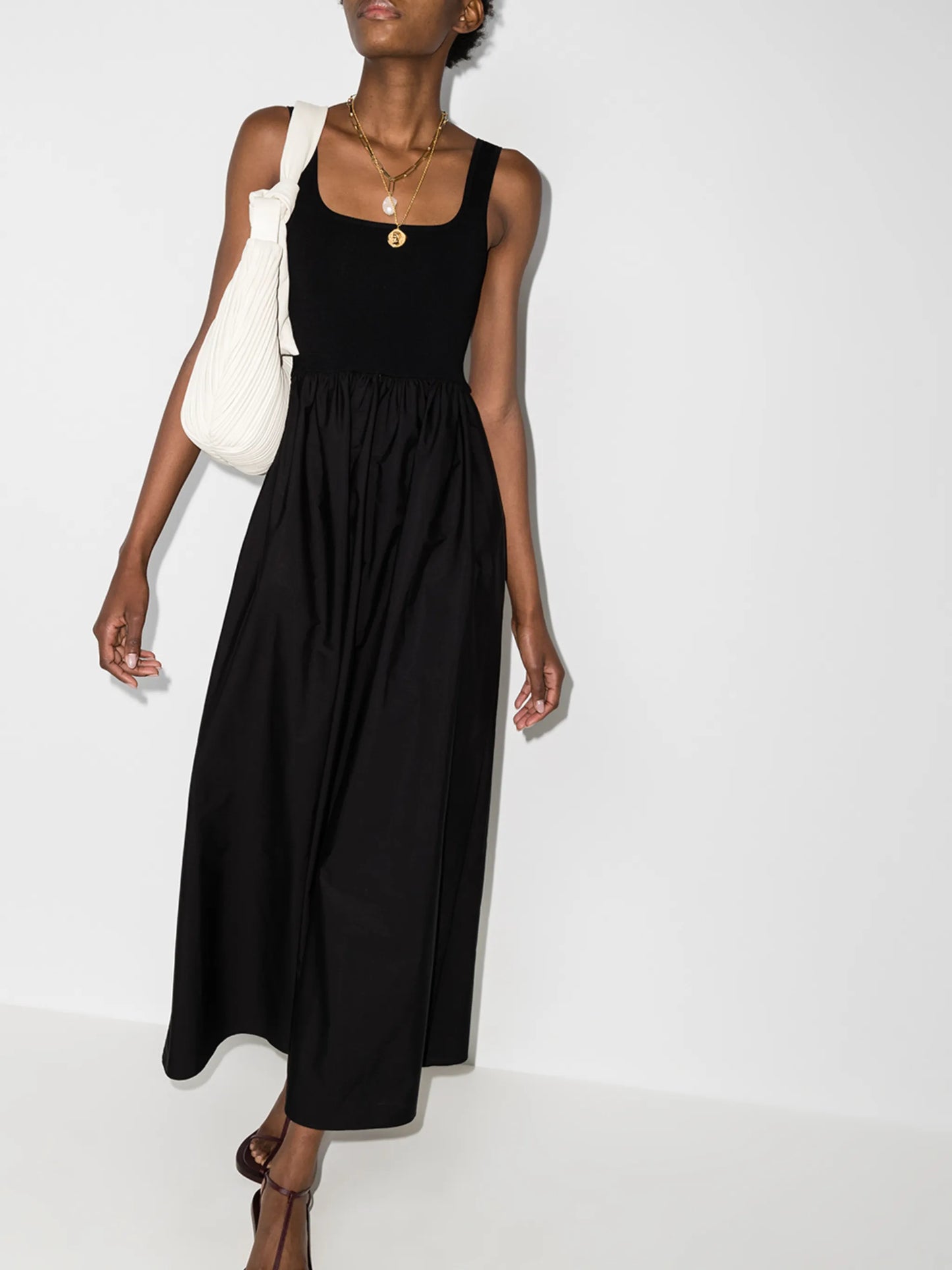 gathered-waist sleeveless maxi dress
