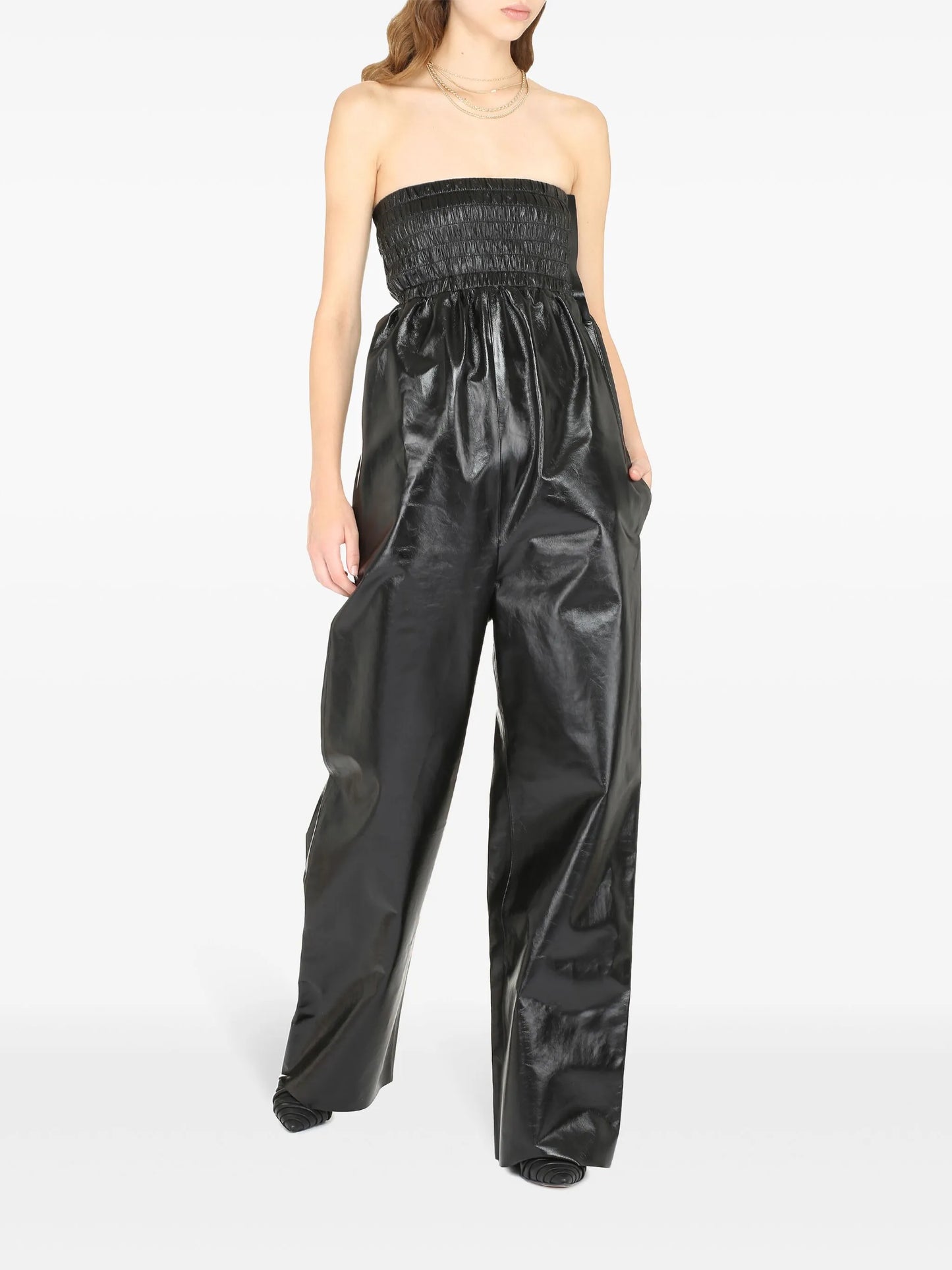 strapless leather jumpsuit
