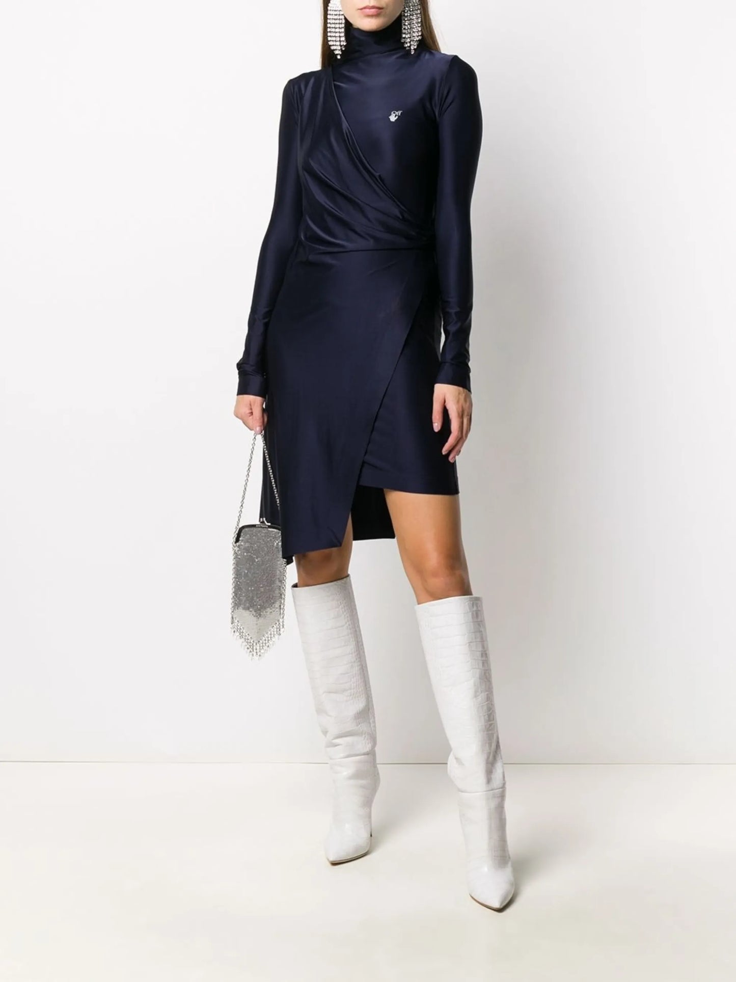 logo print draped asymmetric dress