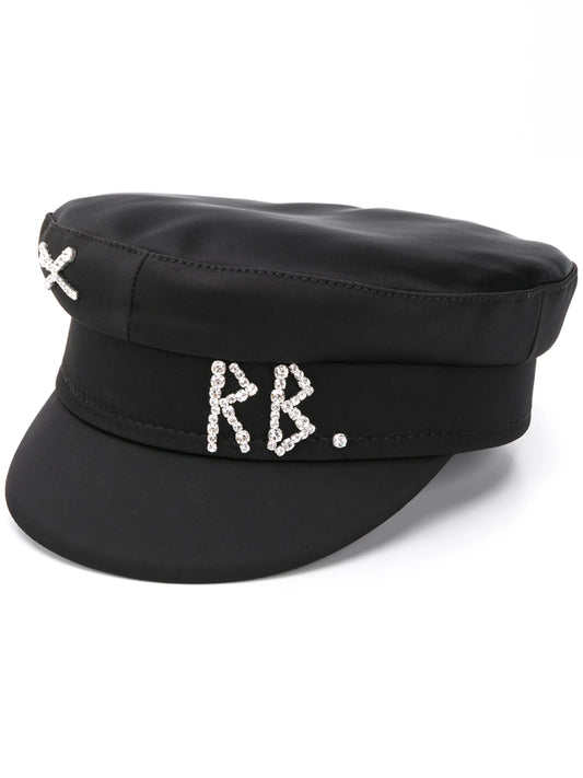crystal-embellished black satin Baker Boy cap