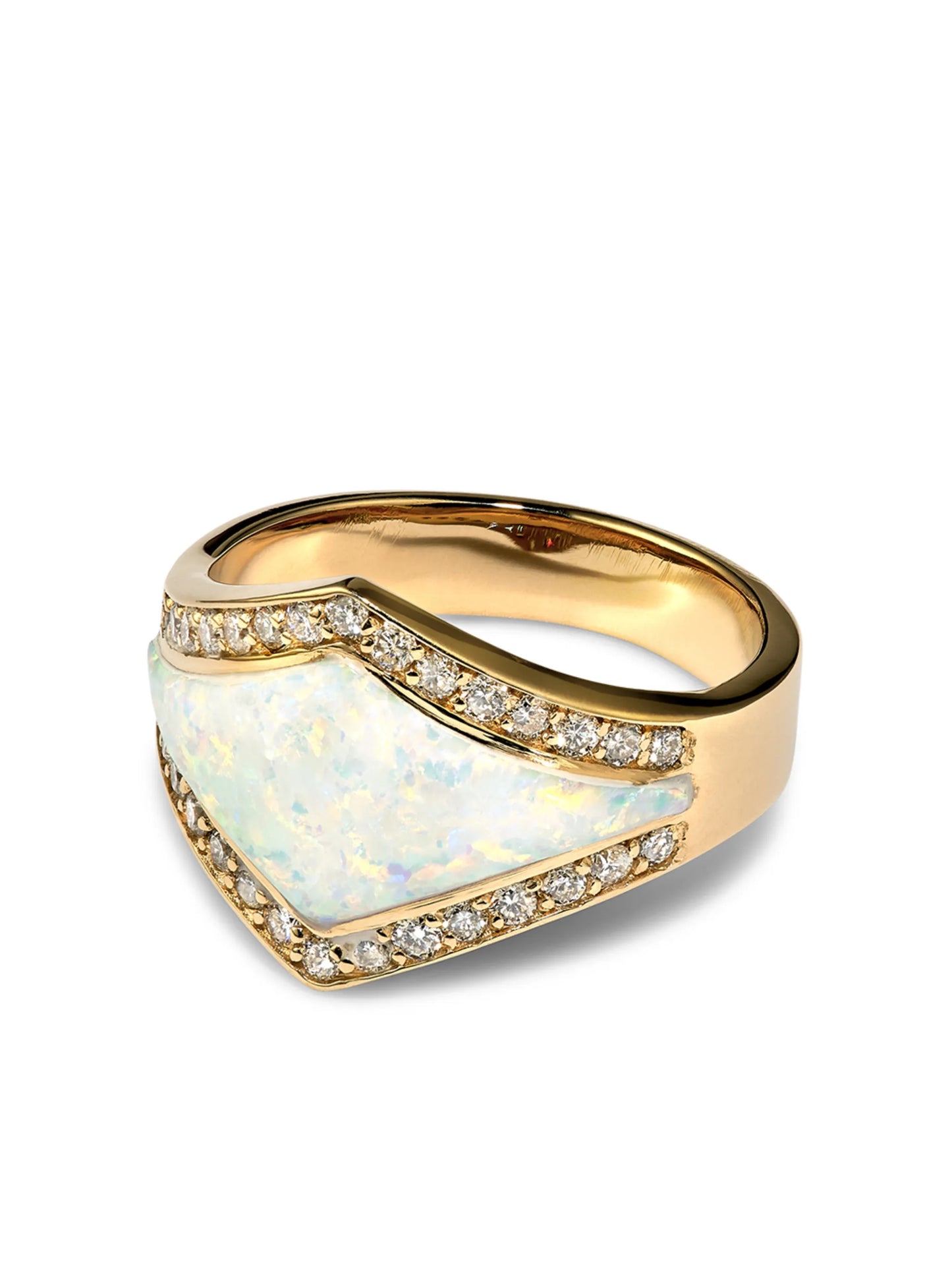 14kt yellow gold Inlay V diamond and opal ring