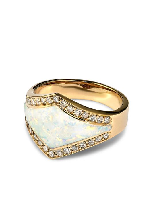 14kt yellow gold Inlay V diamond and opal ring