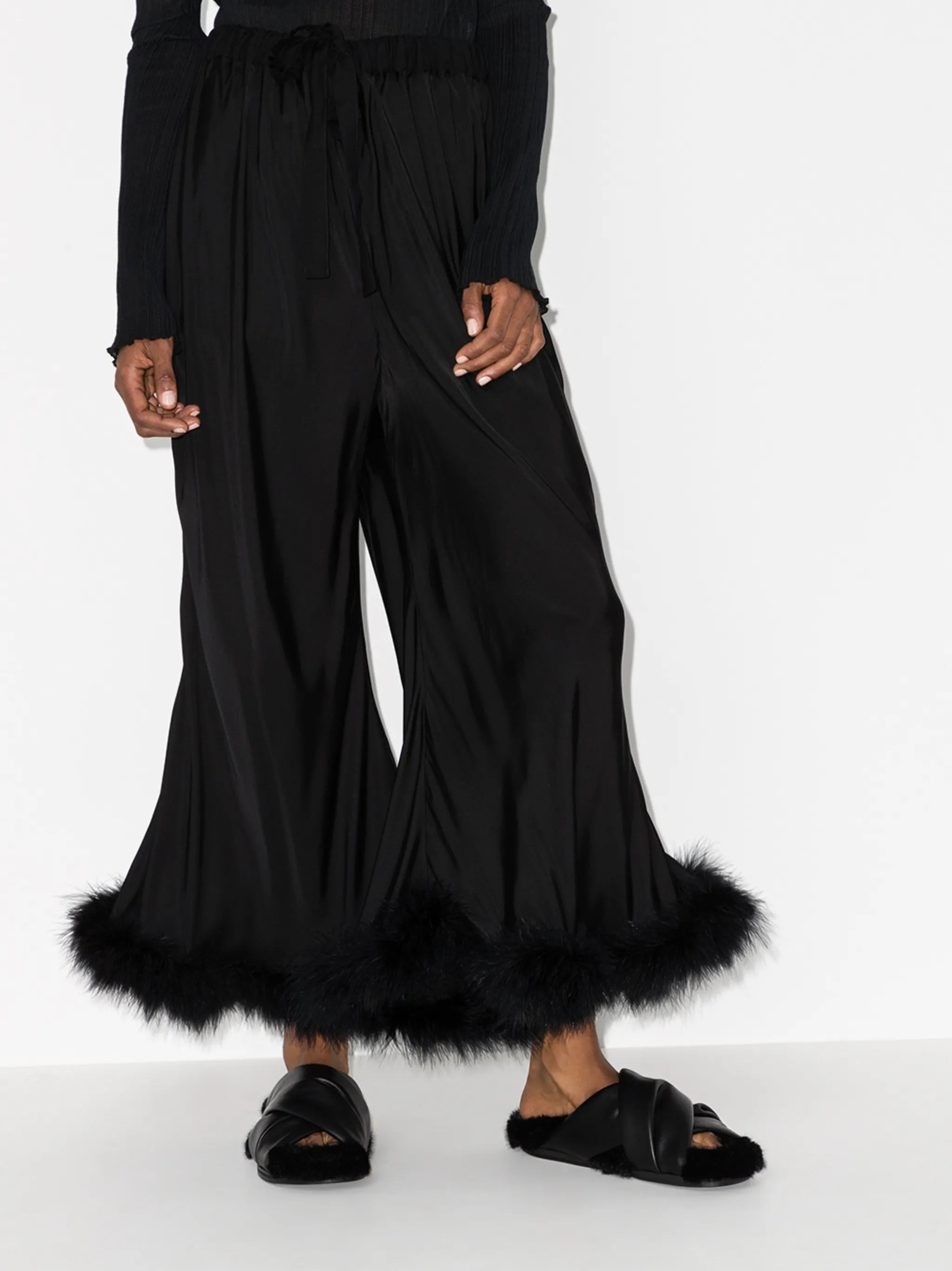 Boudoir feather trim flared trousers