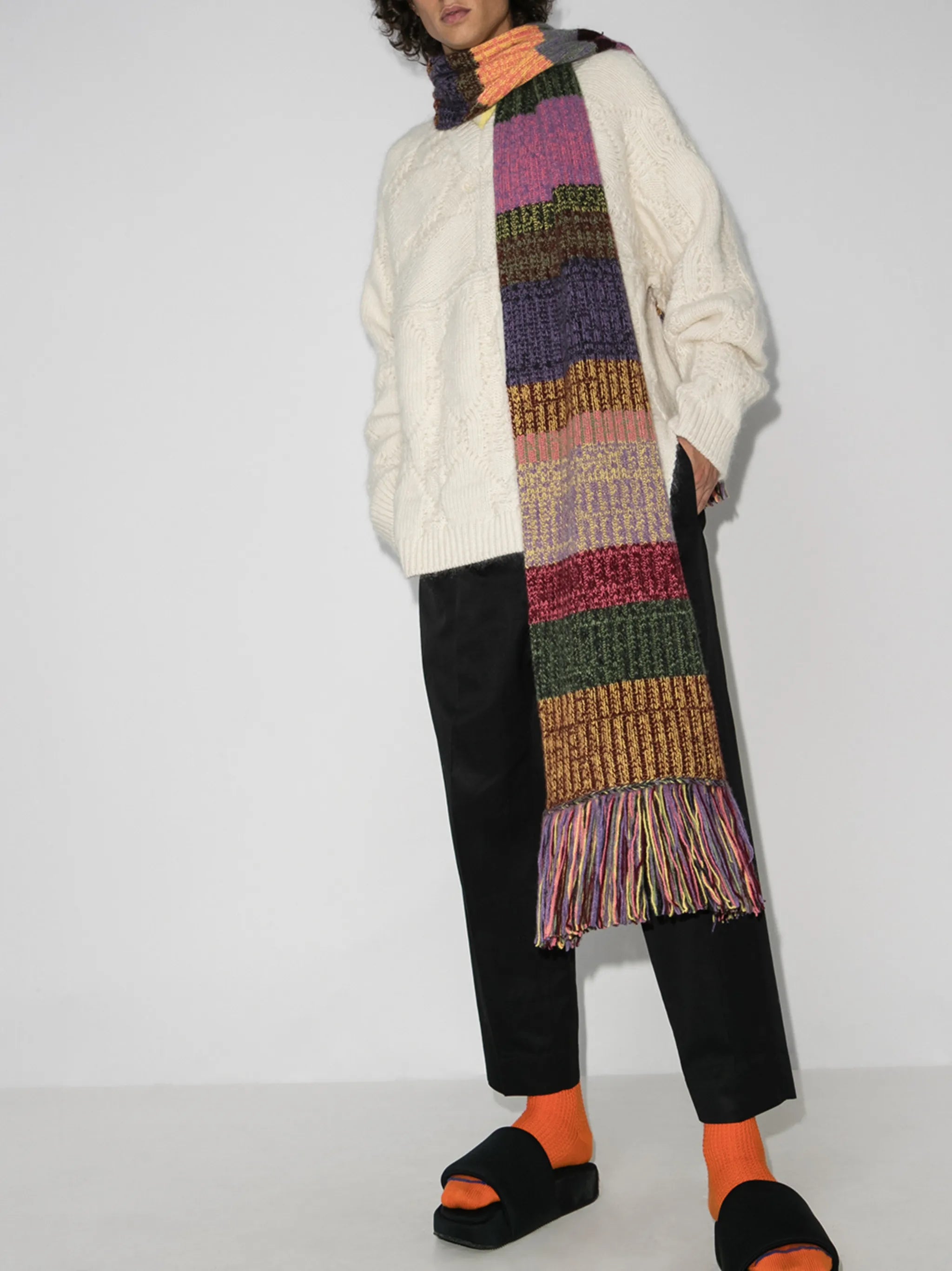 striped fringe cashmere scarf