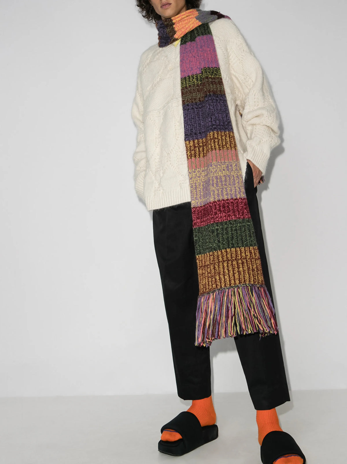 striped fringe cashmere scarf