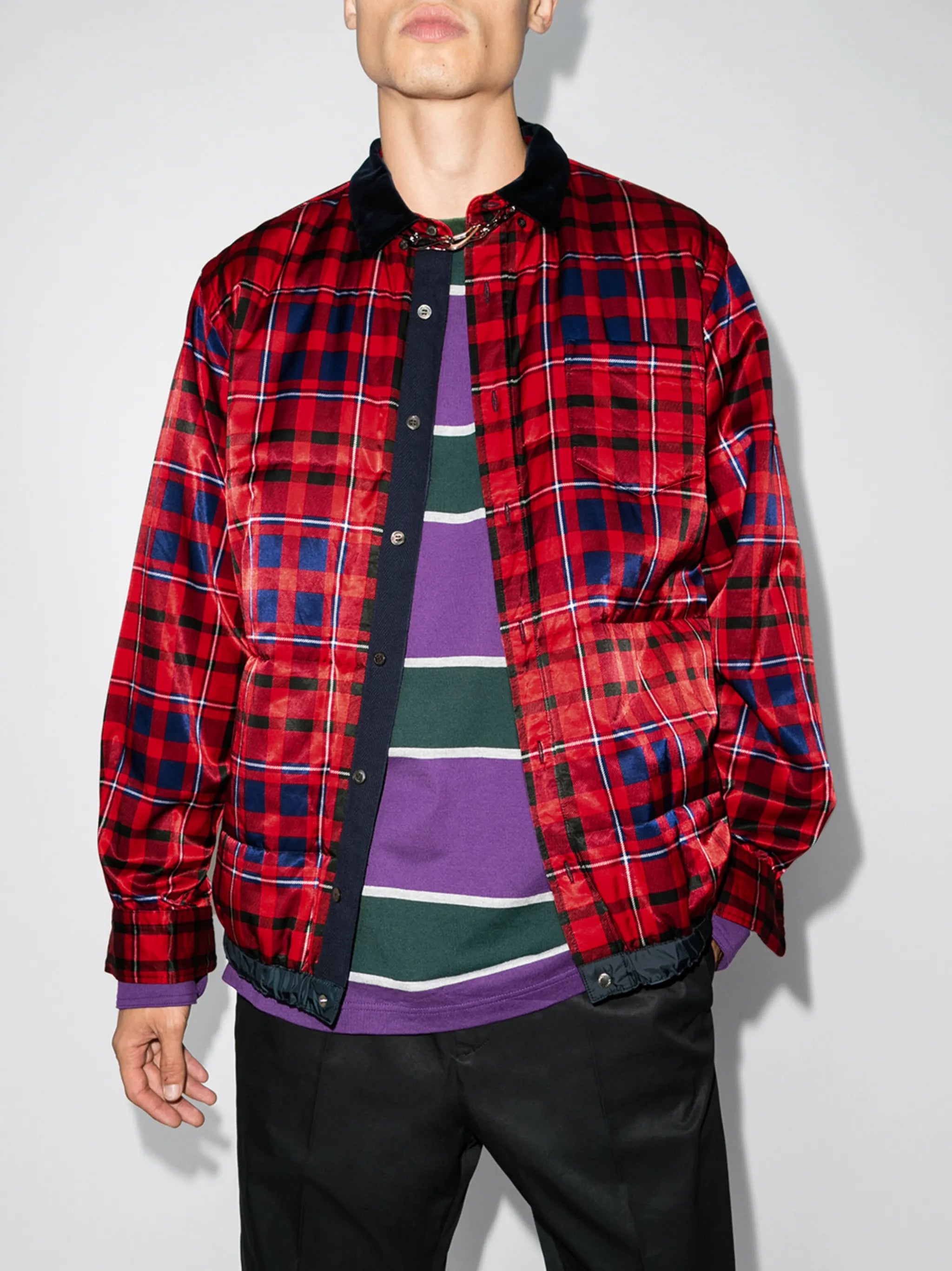 checked satin shirt jacket