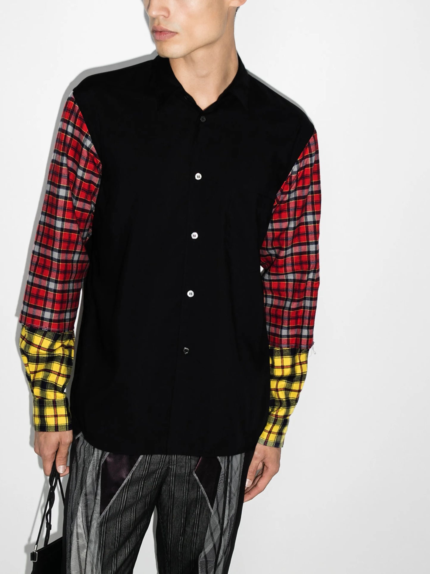 tartan-sleeve buttoned shirt