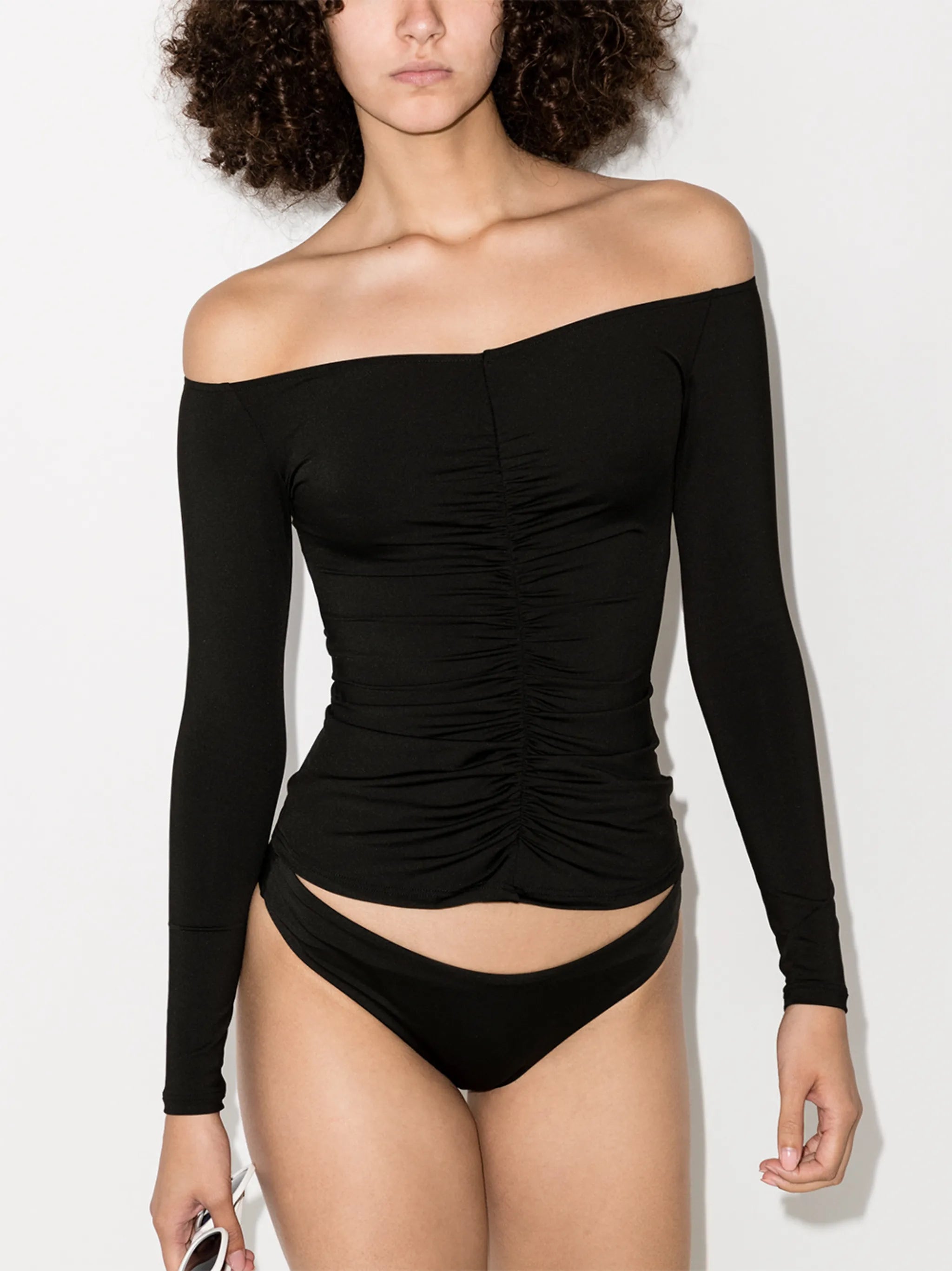 off-shoulder ruched swim top